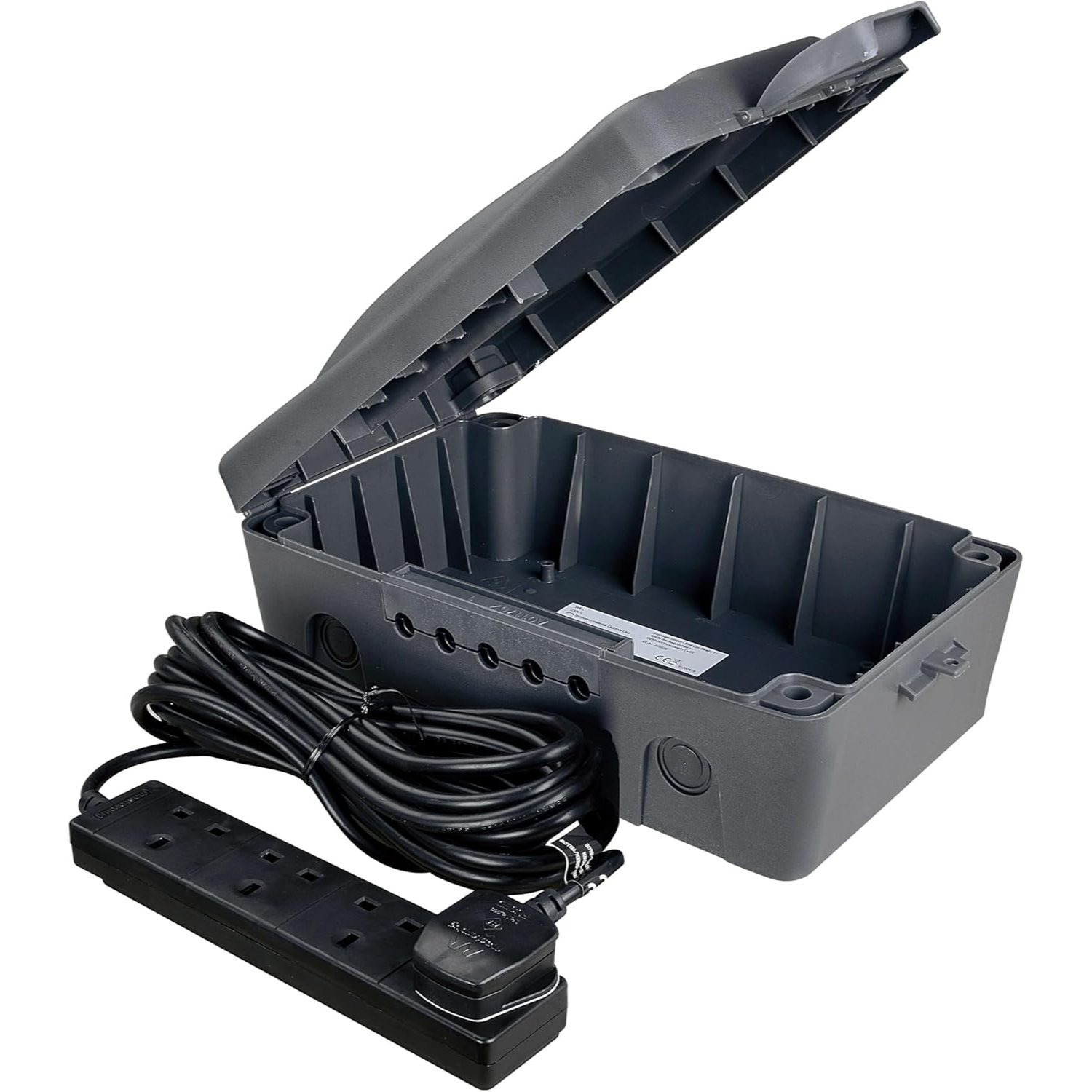   weatherproof outdoor electric box with 10m 4 socket black extension lead ip54 rated garden   for outside use including christmas lights fountains large dark grey enclosure 351 mm x 220 mm x126 5 mm