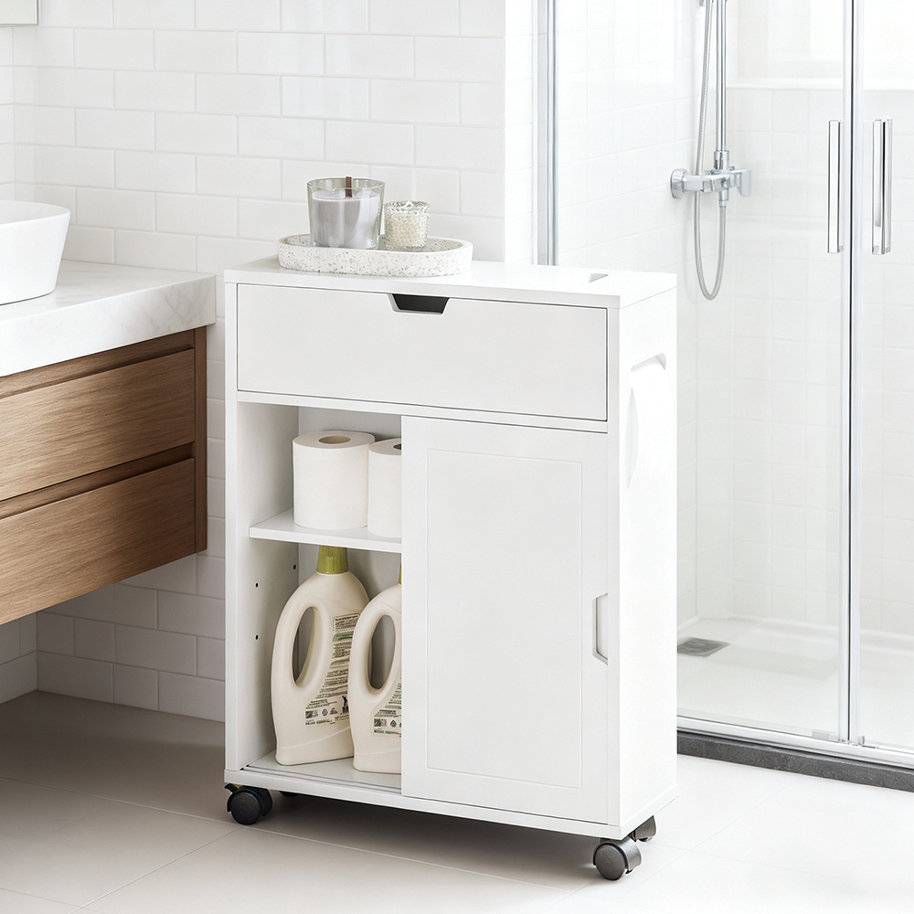 TEMU Mueble de baño con ruedas y puertas correderas de MDF, armario auxiliar para baño y WC, 52x68x17 cm, , HAOTIAN CAS42-X