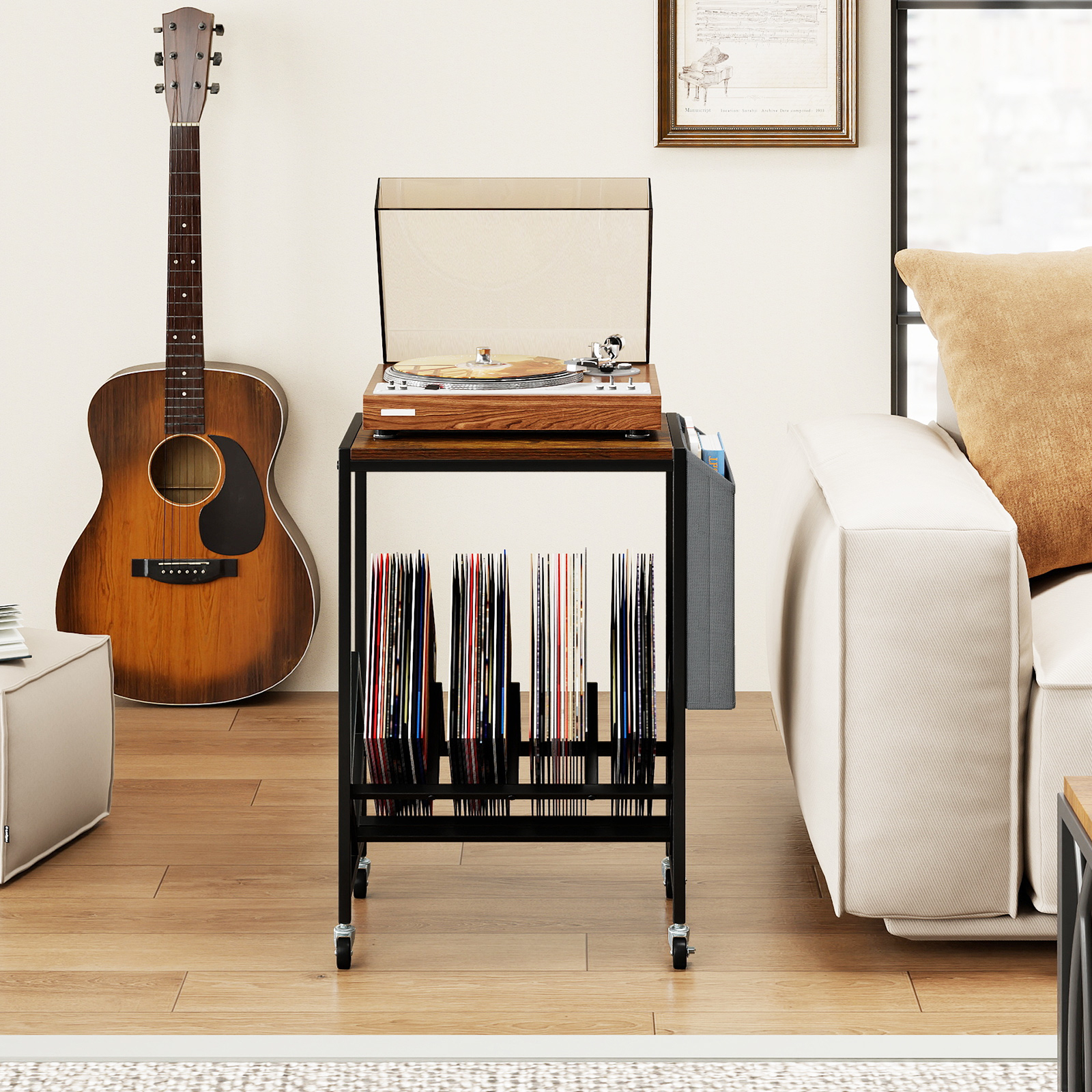 Image of Rolling Record Player Stand, Turntable Stand With Vinyl Storage & Magazine Holder, Mobile Vinyl Display Shelf With Lockable Wheels, Record Storage Side Table For Living Room, Rustic