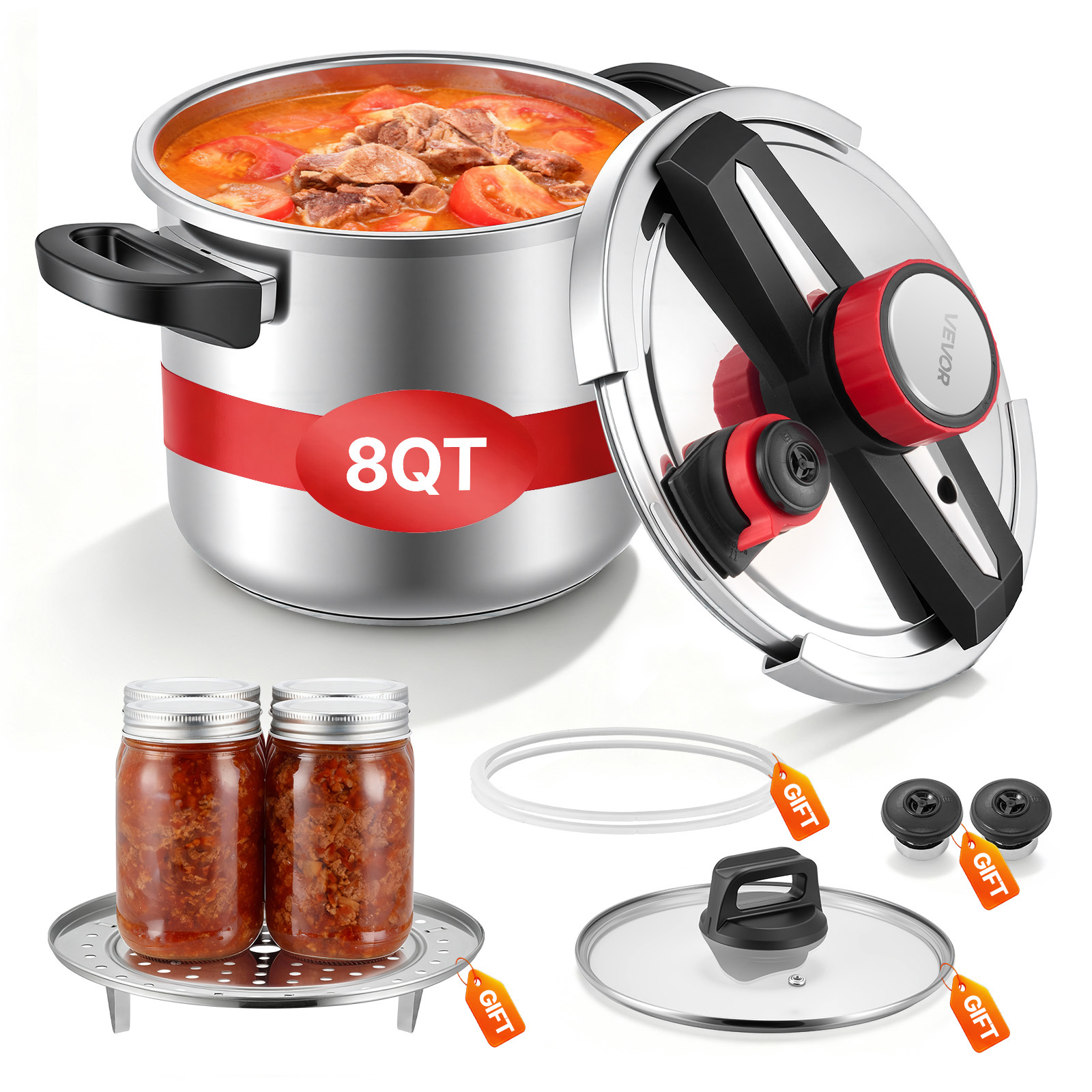 Image of Vevor Pressure Cooker, 7l Pressure Cooker Stainless Steel, Pressures Canner With Steaming Rack, Tempered Glass Lid, 3 Pressures Settings For Meat, Beans, Rice, Soup, Sauces, Cook Up To 100 Kpa