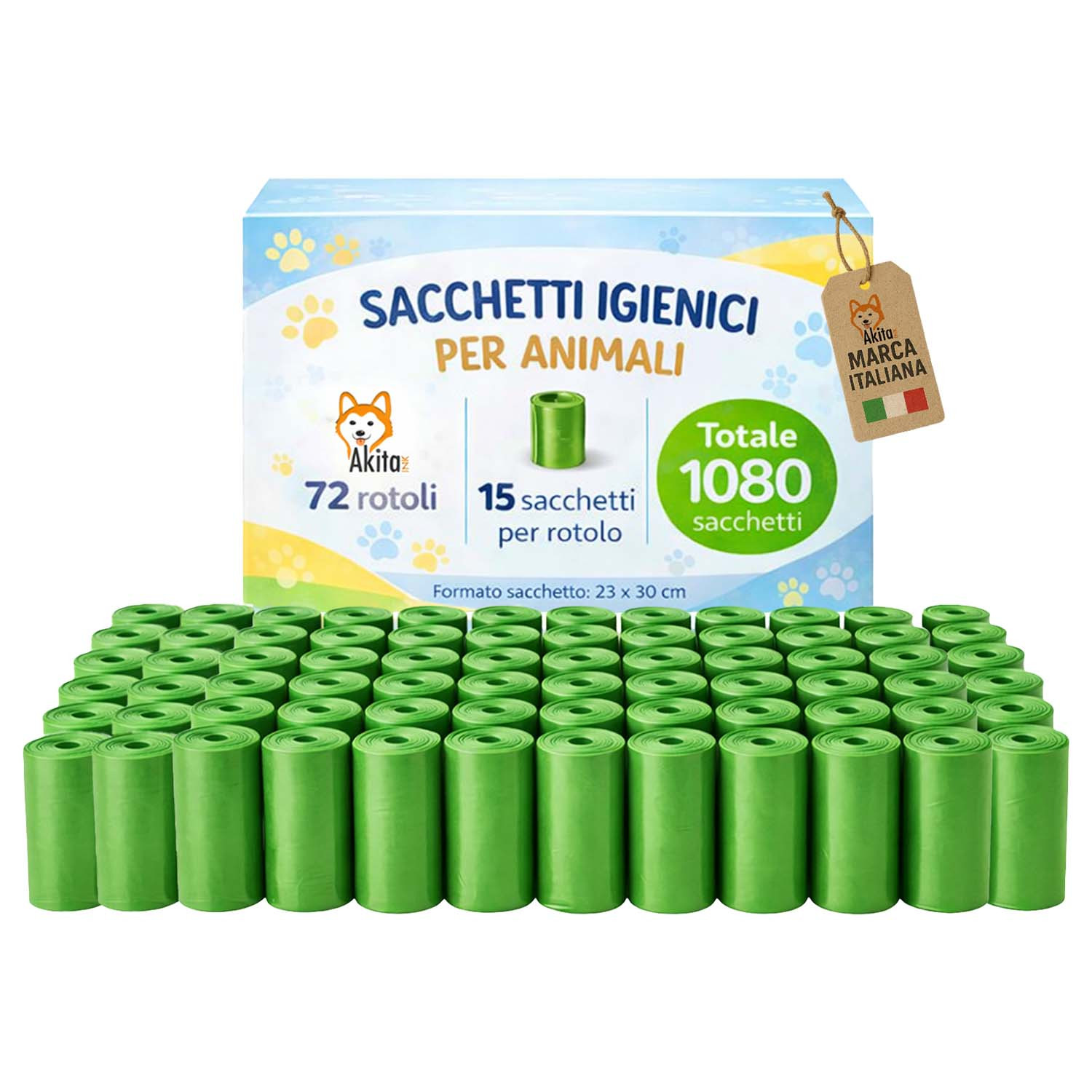 TEMU Akitaink Dog And Pet Waste Bags - 1080 Green Puncture-resistant Bags, 72 Rolls Of 15 Bags Each, 30x23 Cm Size, Compatible With All Roll Holders