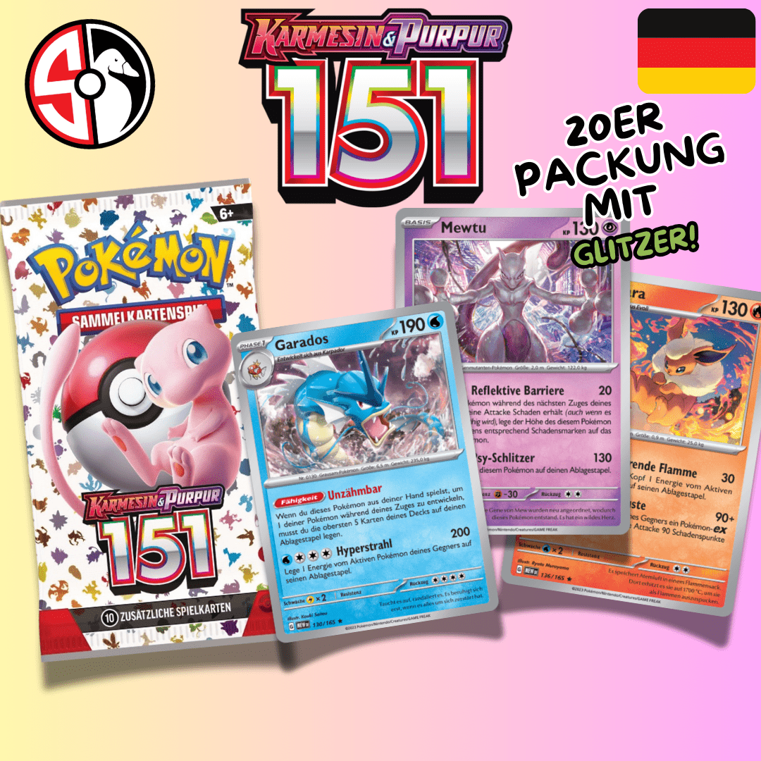 E-shop Pokémon "151", 20er Kartenpaket, DEUTSCH, 100% ORIGINAL, 20 Kartenpakete mit nur Karten aus dem Set 151 mit 4 Glitzerkarten (2 Holos & 2