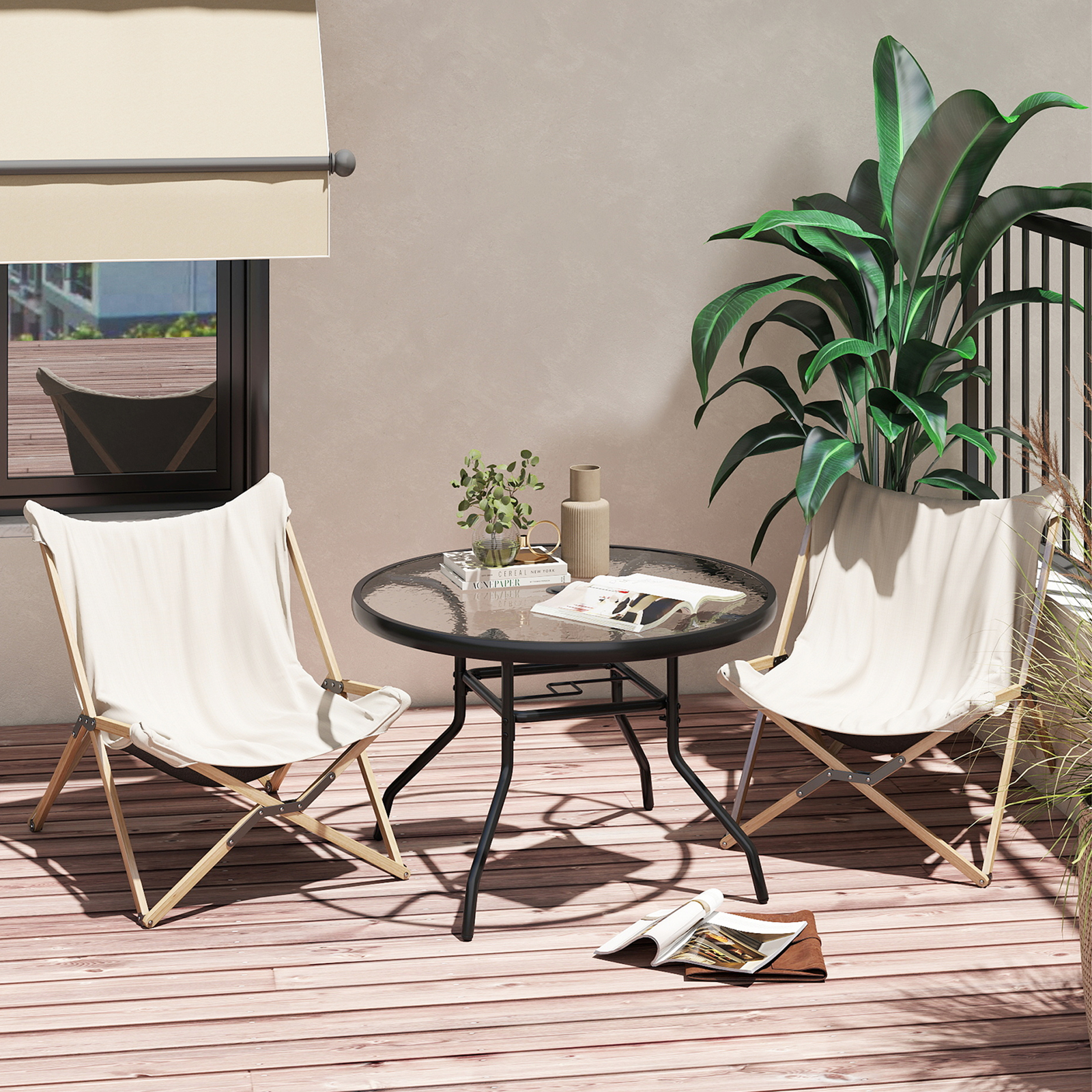 Image of Patio Side Table, Outdoor Round Bistro Table With Tempered Glass Top & 4,2cm Umbrella Hole, Heavy-duty Metal Frame, Coffee Table For Backyard, Garden, Poolside, Porch, Deck, 70 X 70 X 45,5 Cm