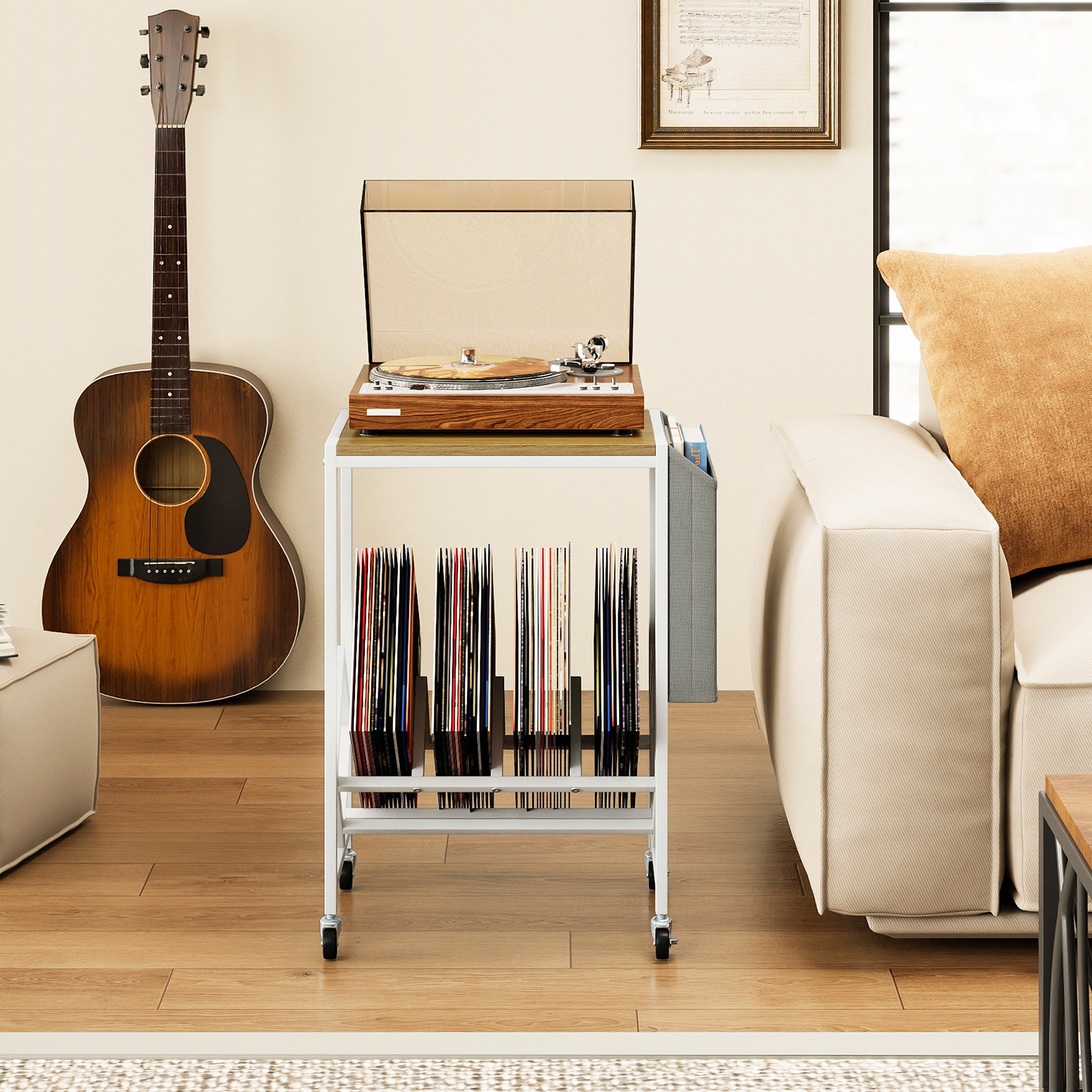 Image of Rolling Record Player Stand, Turntable Stand With Vinyl Storage & Magazine Holder, Mobile Vinyl Display Shelf With Lockable Wheels, Record Storage Side Table For Living Room, Natural & White