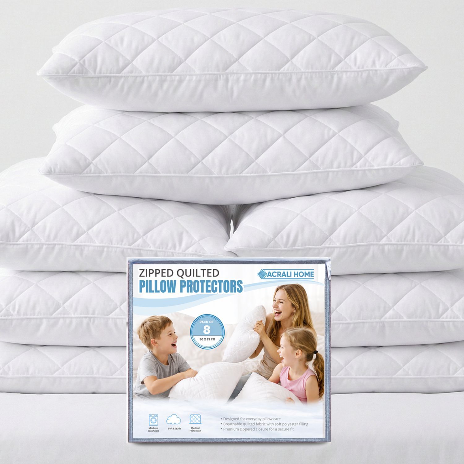 TEMU Acrali Home Premium Quilted Pillow Protectors - 50x75cm, In 2, 4, 6 & 8-pack - Ultra Soft Breathable Microfiber With Zipper Closure, Machine