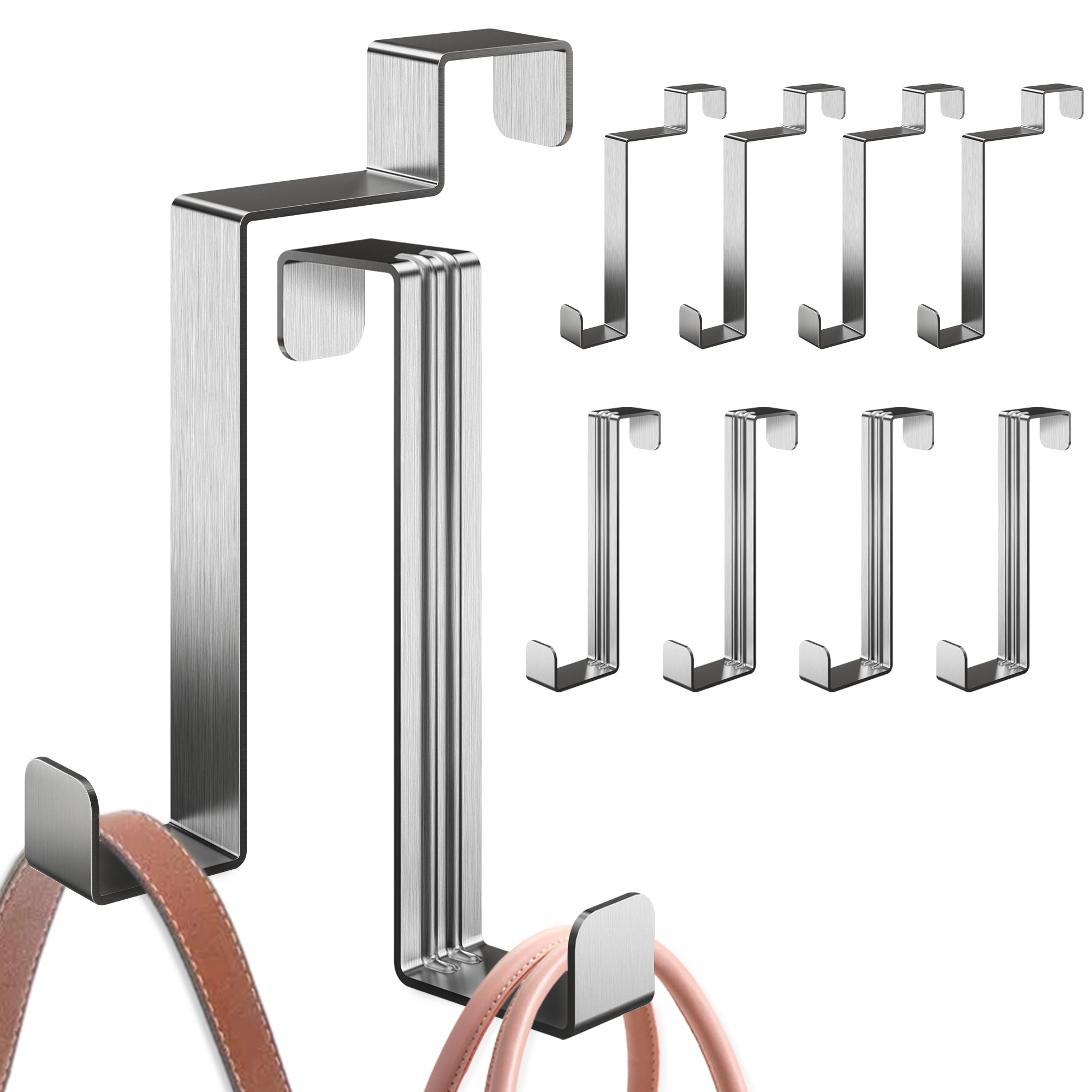 TEMU Home 10-piece Over-the-door Hook Set – Stainless Steel No-drill Hooks With 5 Standard & 5 Inside Hooks; Durable, Flexible For Hanging; Non-slip,