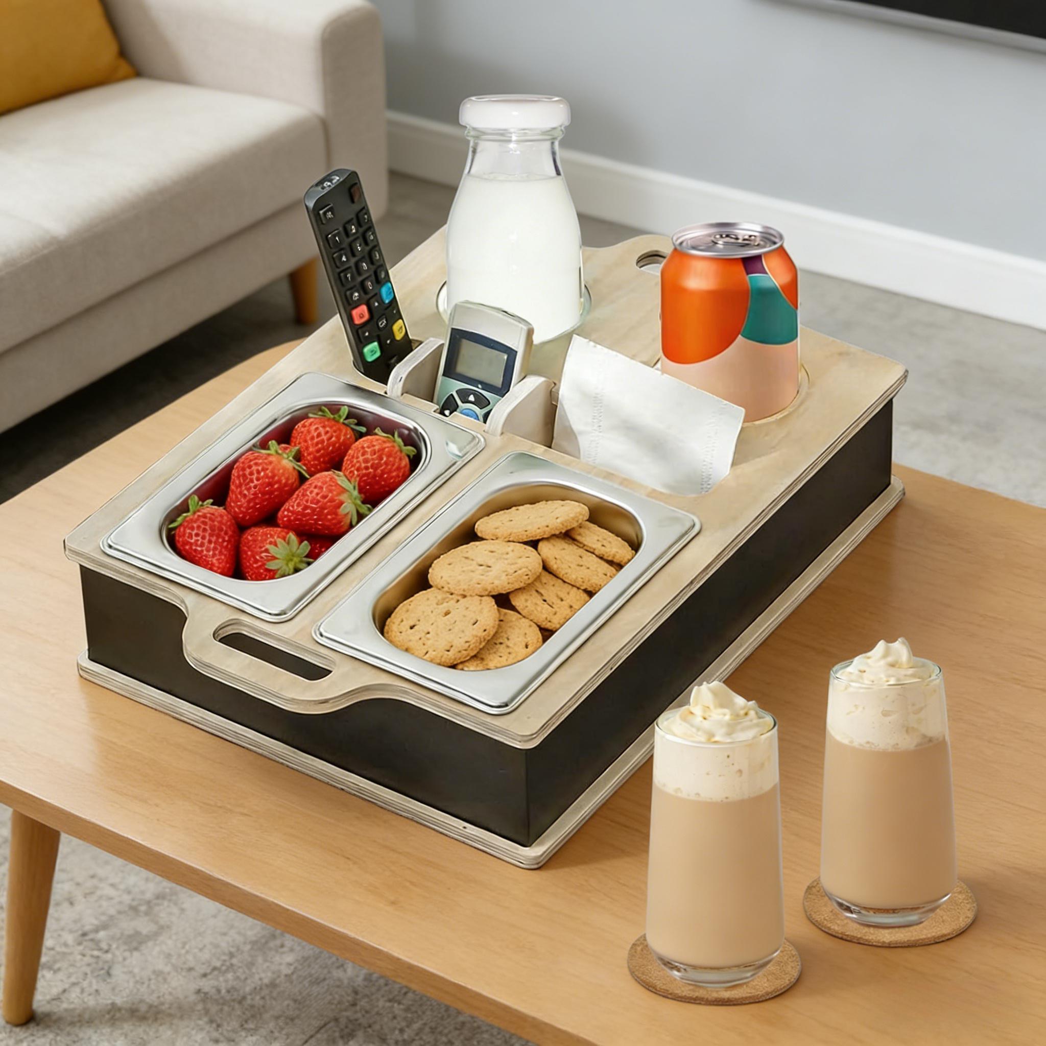E-shop Topnewhome Sofa-Snacktablett mit 2 herausnehmbaren Snack-Schüsseln aus Edelstahl und 2 Untersetzer - Mehrzweck für Wohnzimmer, Schlafzimmer,