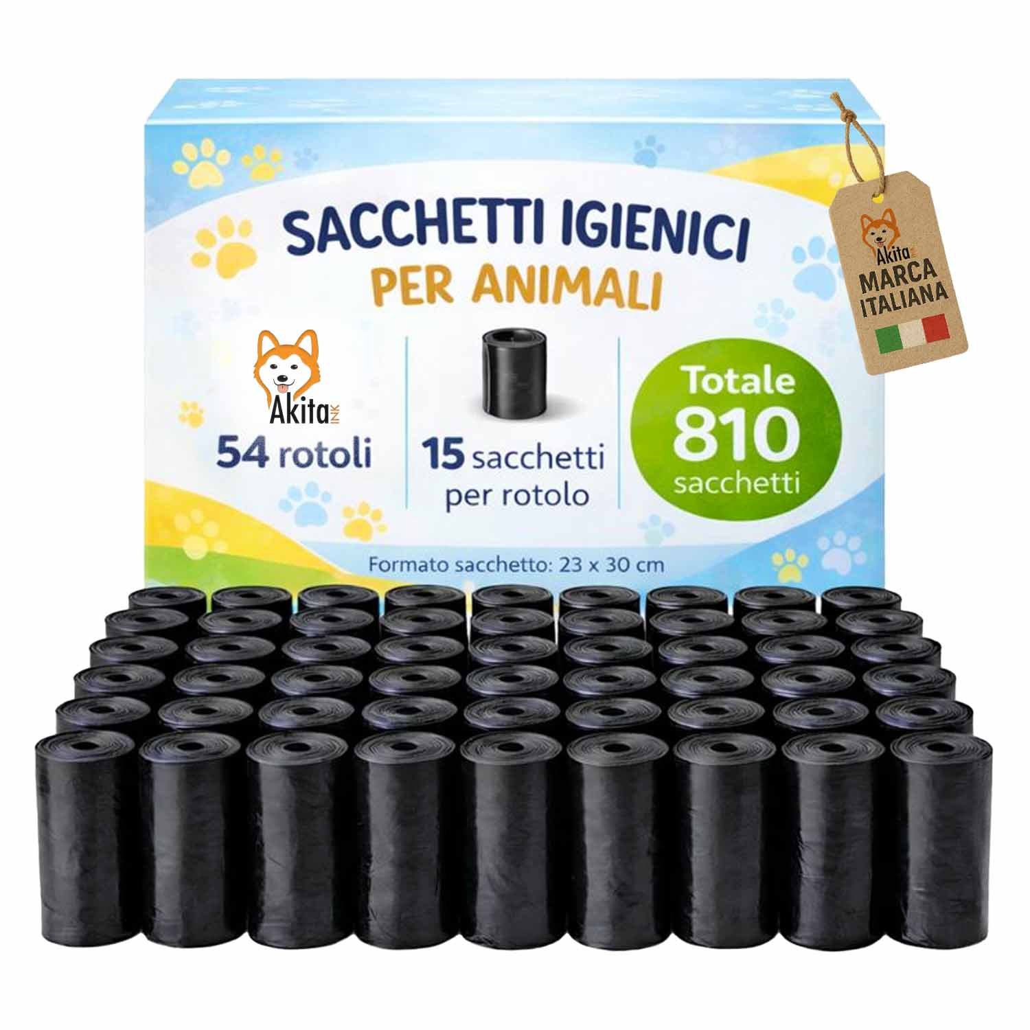 TEMU AkitaInk Sacchetti Igienici per Cani e Animali - 810 Sacchetti Antiforatura, 54 Rotoli da 15 Sacchetti, Formato 30x23 cm, Compatibili i Porta