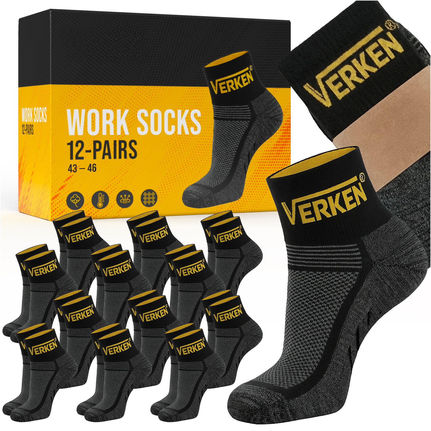 E-shop Herren-Arbeitssocken für alle Jahreszeiten, 12 Paar Set, Größe 43–46, aus Baumwolle, mittellang, grau, langlebig und weich, perfekte Passform,