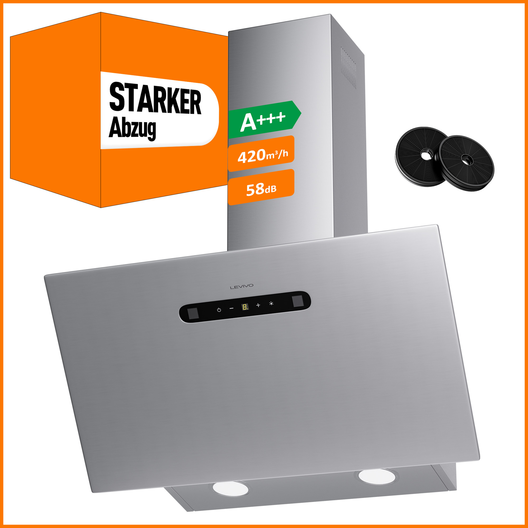 TEMU Aspirante A+++ 60cm a Circolazione ed Estrazione con Flusso d'Aria 420 m糧/h, 3 Velocit� e Booster, 2 LED, con 2 Filtri a Attivo, 1 Filtro