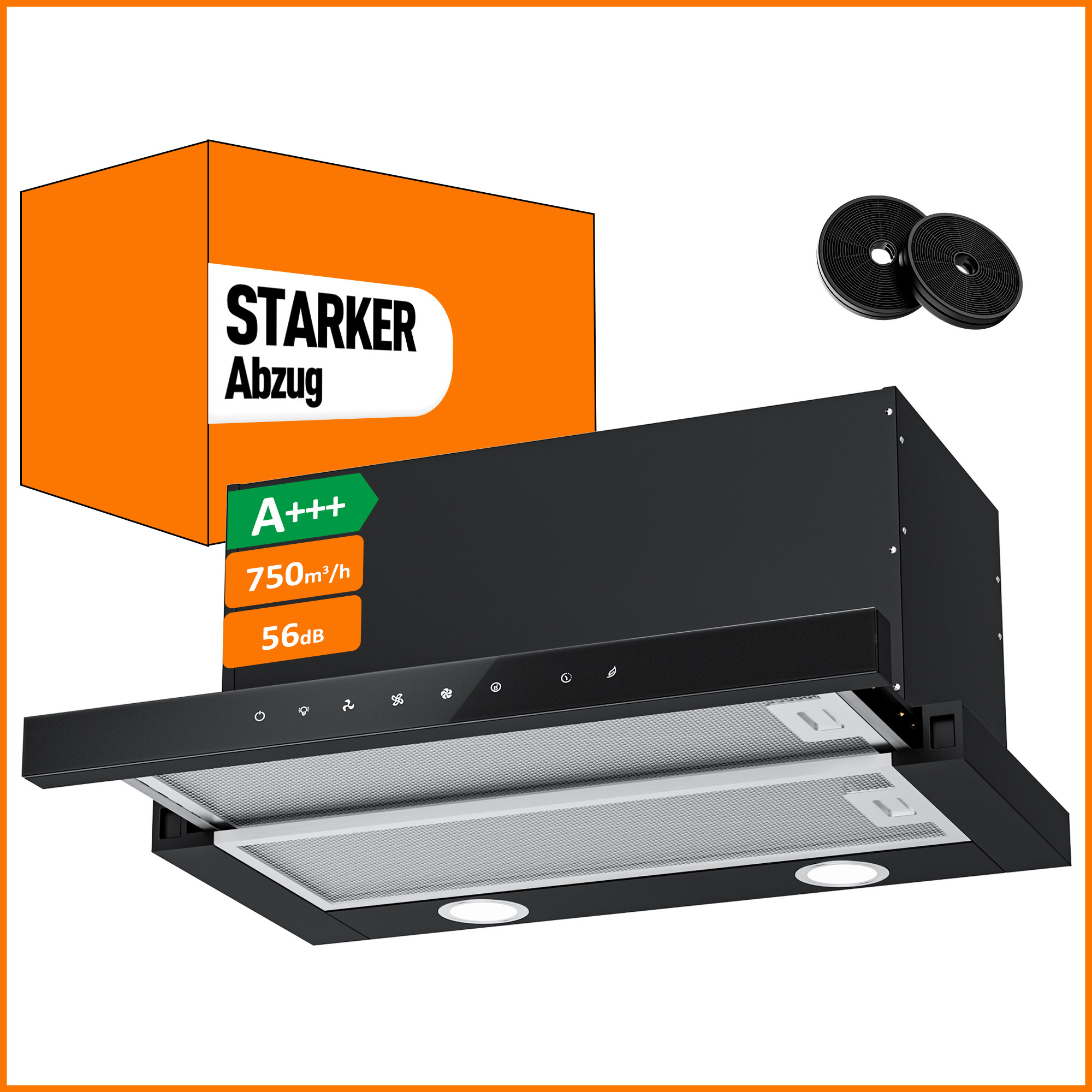A+++ Flat Screen Hood 60cm Recirculation & Exhaust With 750 M³/h, Built-in Extractor Hood With 2 Active Charcoal Filters, 2 Fat Filters, 3 & Booster, 2 Leds, 60cm Base Unit, Black