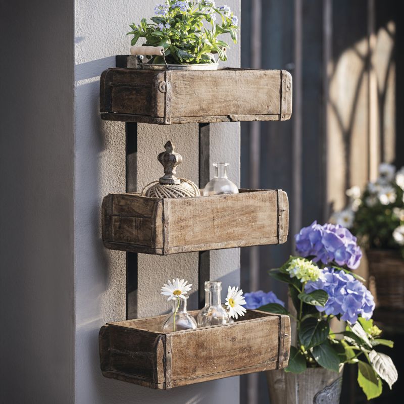 Colonial-style Bookshelf Made Of Recycled Wood With A Used Look, Featuring 3 Wooden Crates, Wall-mounted Plant Shelf, Flower Shelf.