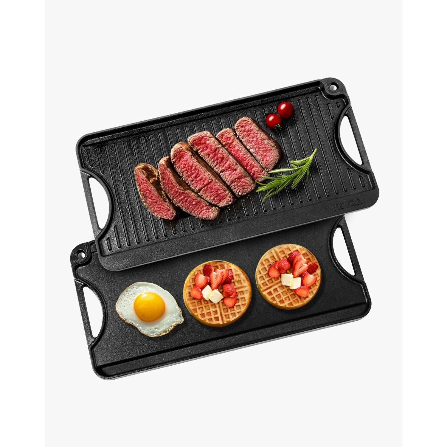 Vevor Reversible Grill/griddle, 20x10 Inch Pre- Cast Iron Griddle, Portable Rectangular Pan With Handle, Family Cookware For Indoor/outdoor Stove Top Burner, Gas, Camping Bbq, Black