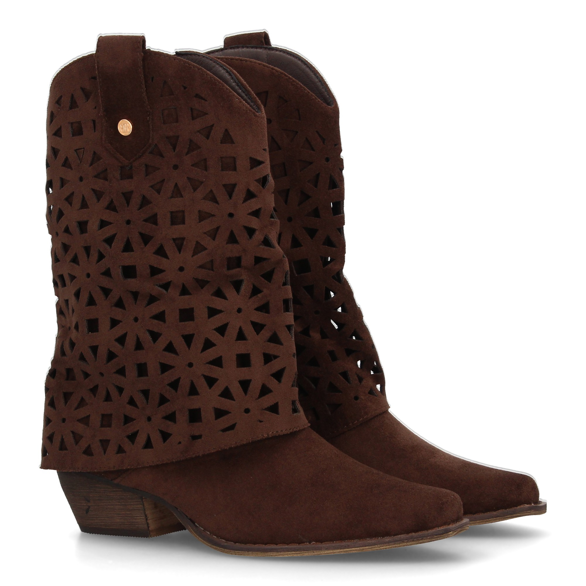 Image of Women's Mid-calf Cowboy Boots With Geometric Die-cut Design For Look, Pointed Toe, And Low Cuban Heel. Solid Print, Ideal For Everyday Wear