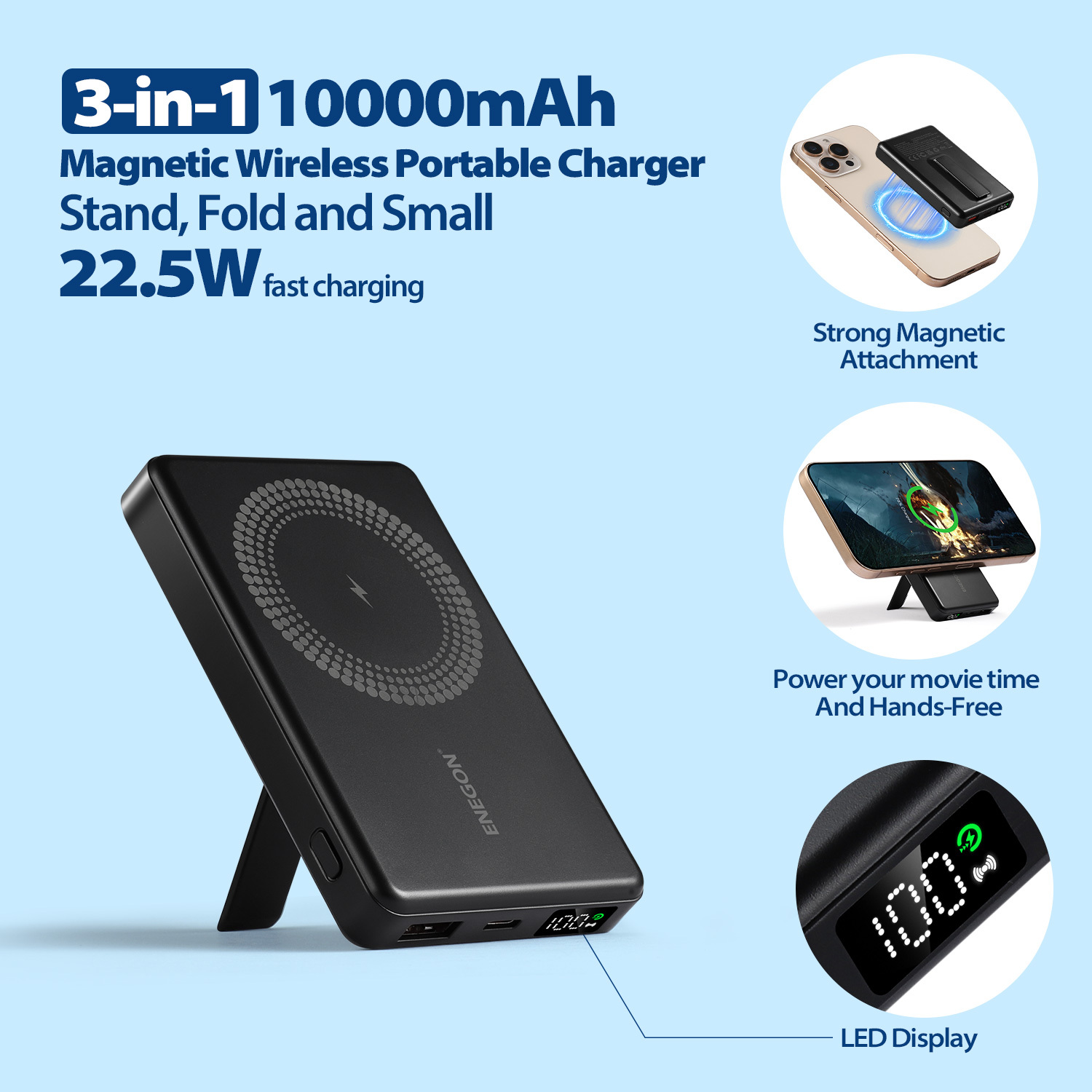 E-shop ENEGON 10000mAh Magnetisches Faltbares Kabelloses Ladegerät mit Ständer & LED-Display, Kompatibel mit iPhone 17/16/15 Pro/14/13/12, Ideal für