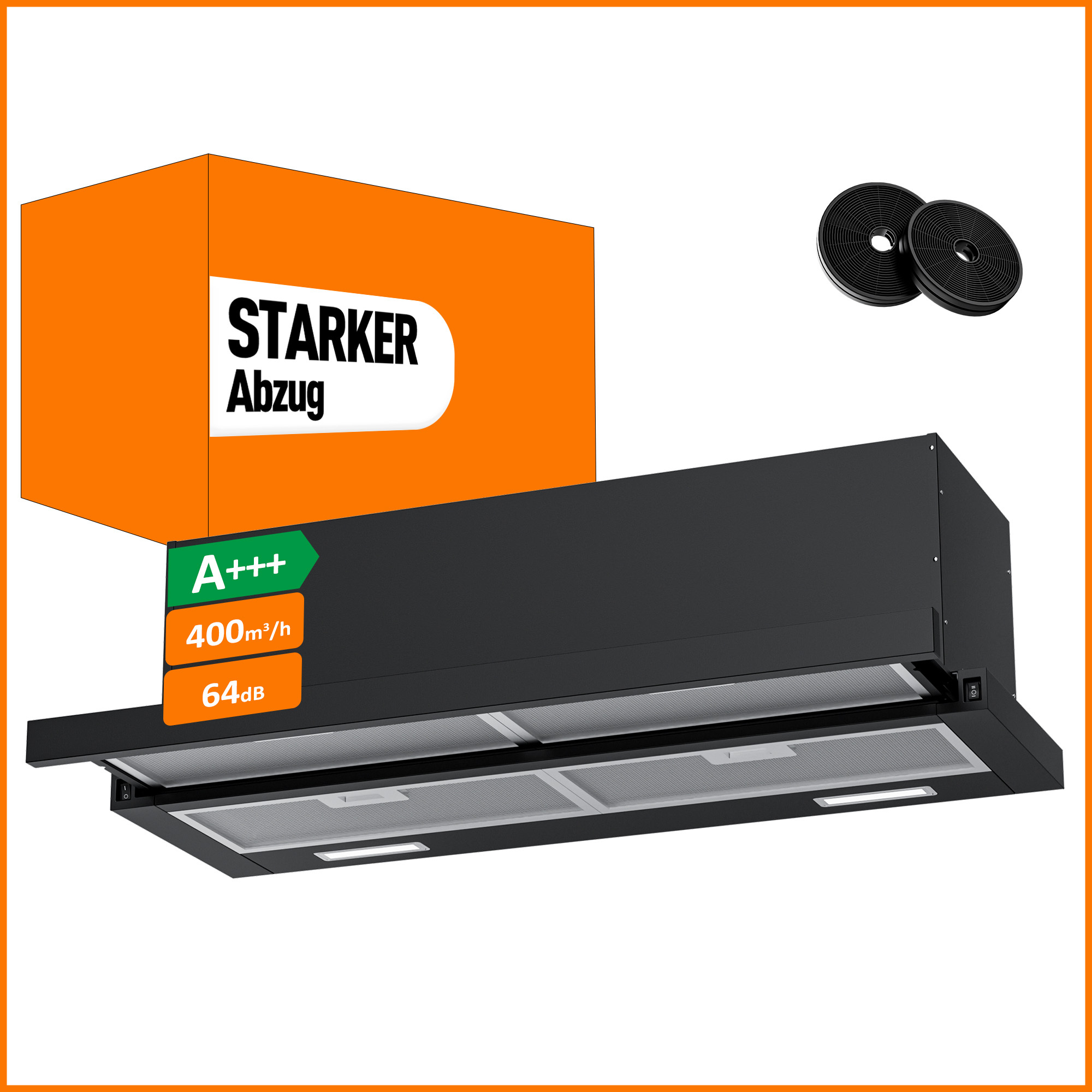 A+++ Flat Screen Hood 60-90 Cm Recirculation & Exhaust With 400 M³/h, Built-in Extractor Hood With 2 Active Charcoal Filters, 4 Fat Filters, 2 , 2 Leds, 60cm Base Unit, Black