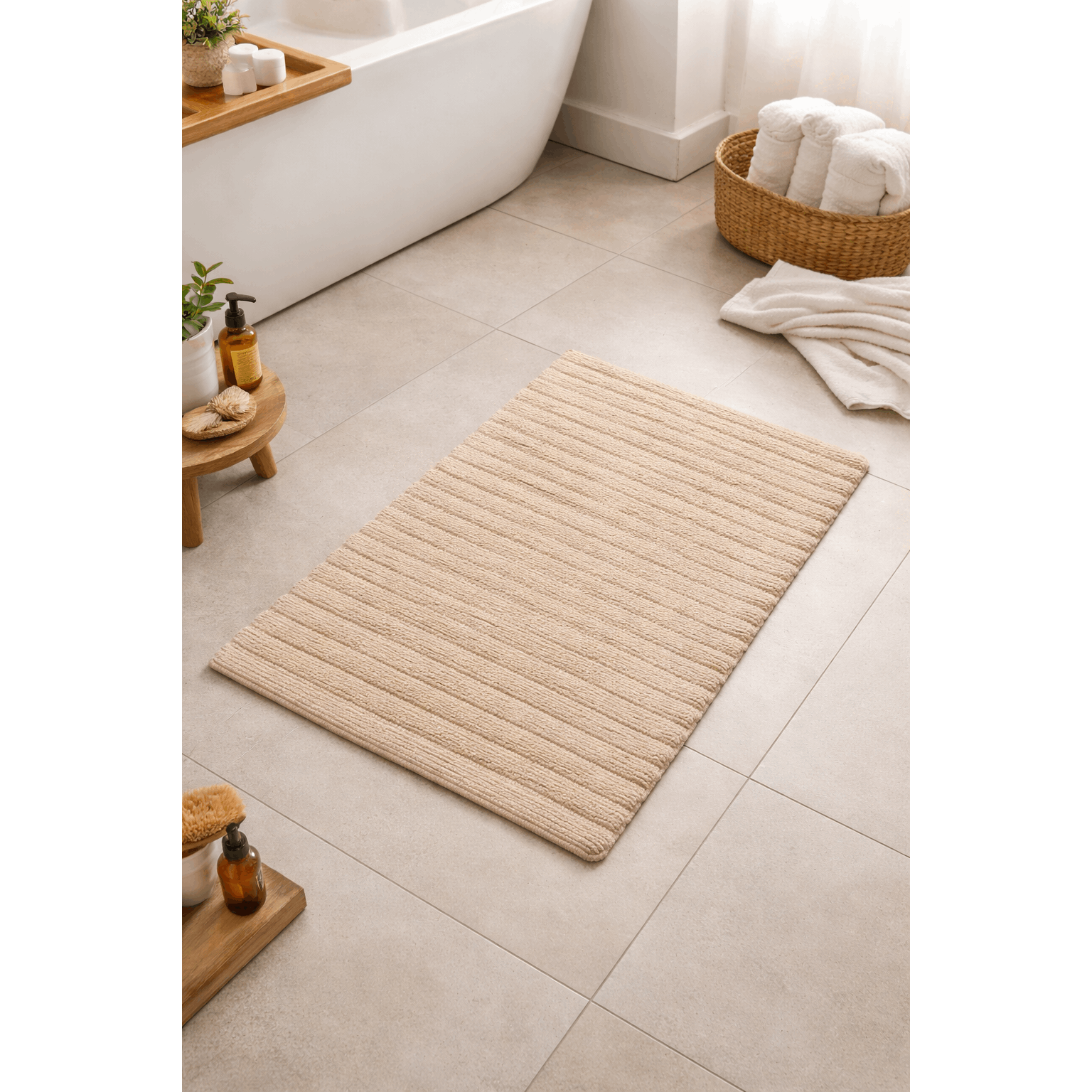 TEMU 100% Cotton Ribbed Extra Large Heavyweight Bath Mat 50 X 100cm | 100% Cotton Bath Mat | Beige & Cream | Fast From Uk Seller