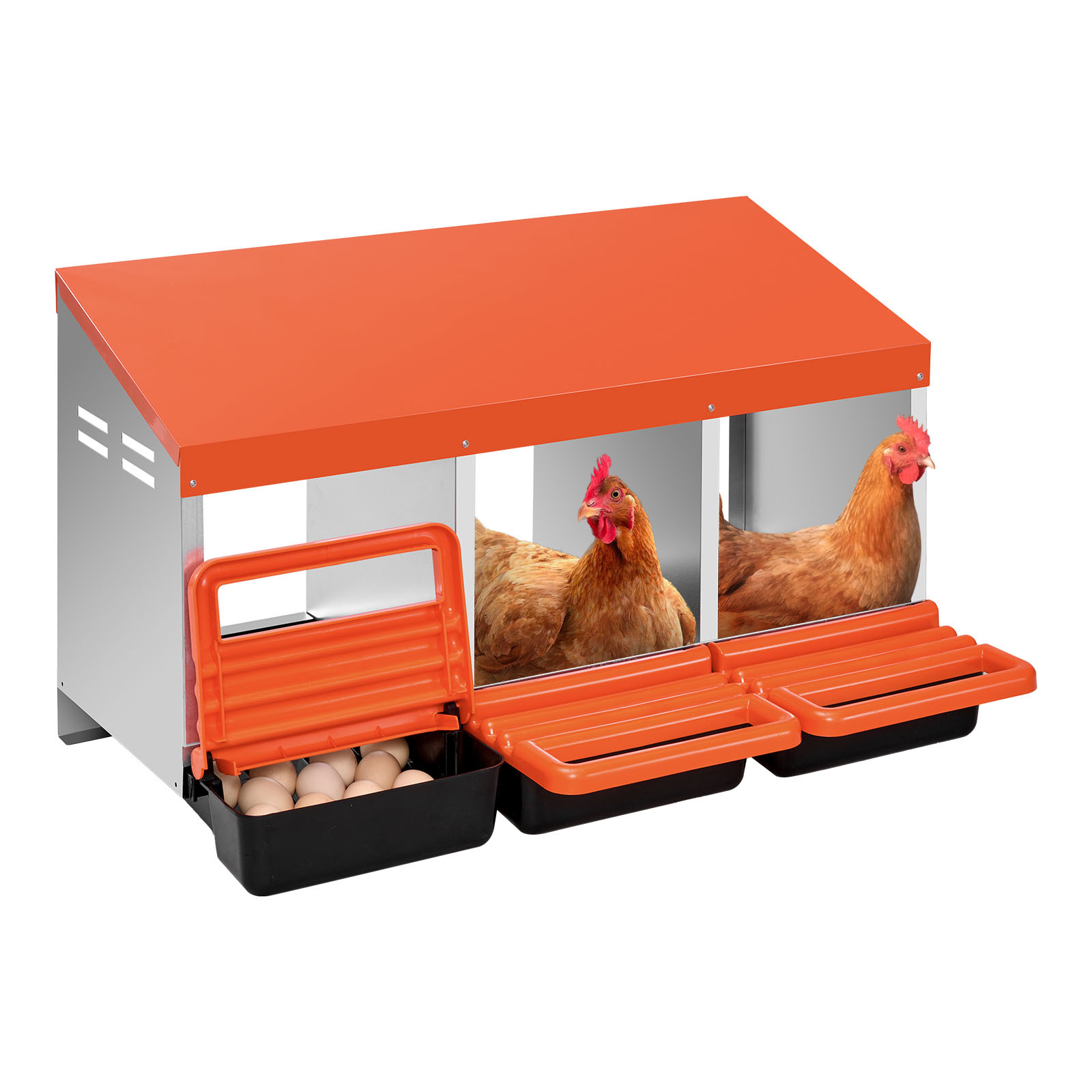 Image of Vevor Chicken Nesting Boxes, 3 Compartments, Metal Egg Laying Boxes With Protective Collection Lids, Roll Out Nesting Box, Easy To Assemble, Ideal For Hens, Ducks, Chickens, And Other Poultry, Orange