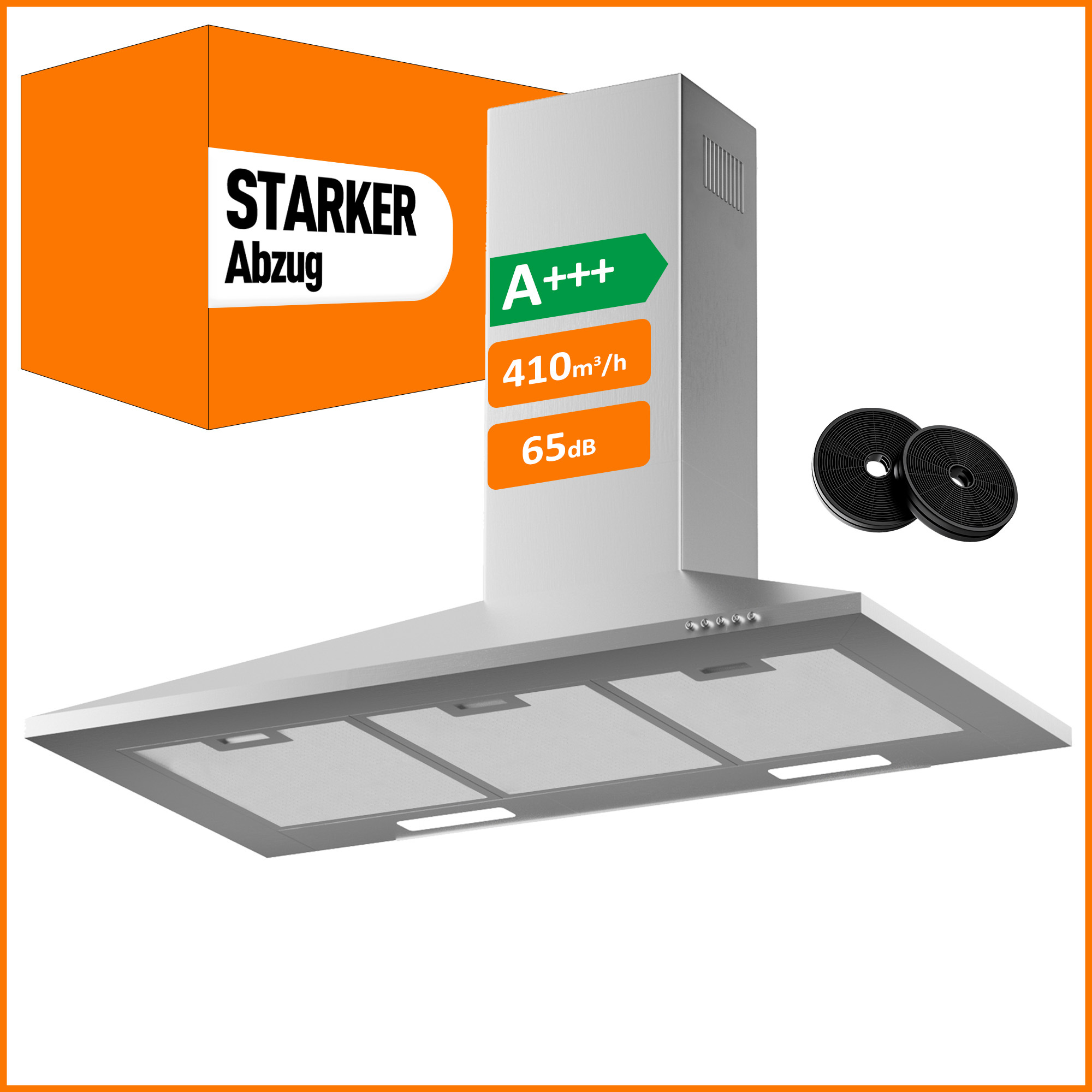 TEMU Aspirante A+++ 90 cm Circolazione ed Estrazione con Flusso d'Aria 410 m糧/h, 2 Filtri a Carboni , 3 Filtri , 3 Livelli di Potenza, 2 LED,