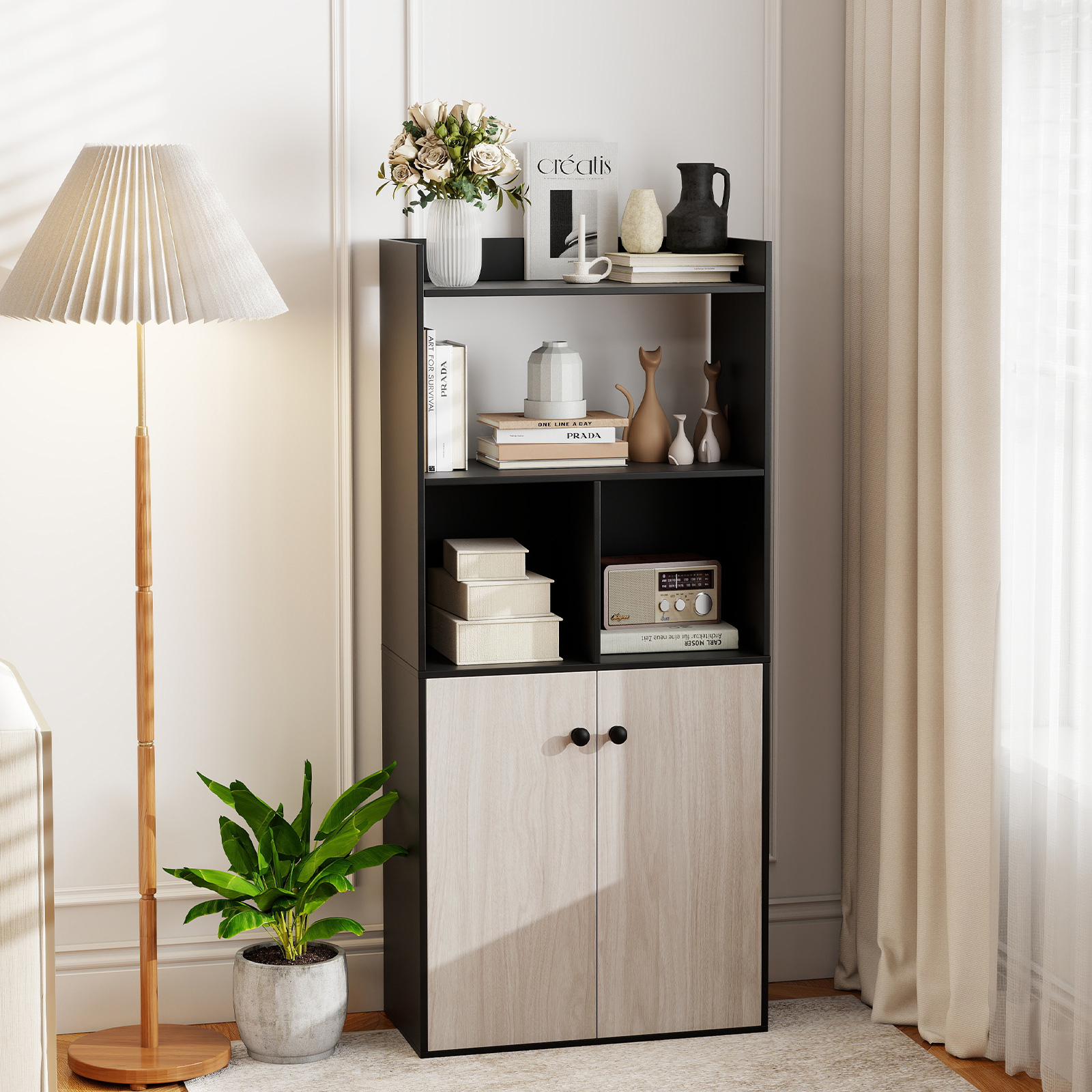 Image of 5-tier Storage Cabinets, 55 Bookcase W/ 2 Open Shelves, 2 Compartments, Wooden Bookshelves W/ Cabinet Doors, Pantry Cabinet Freestanding Display Bookcase For Bedroom Living Room Study