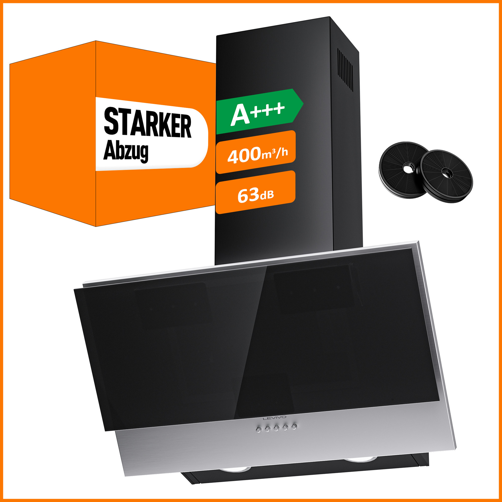 E-shop A+++ Kopffreie Dunstabzugshaube 60cm Umluft & Abluft mit 400 m³/h Luftleistung, Abzugshaube mit 2 Aktivkohlefiltern, 1 Fettfilter, 3 Stufen, 2