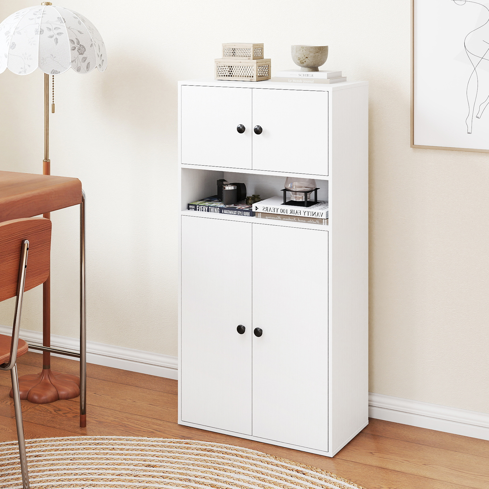 Image of 111 Cm Tall Bookcase With , 4-tier Organizer With & Adjustable Shelf, Freestanding Display Cabinet Shelves With 2 Anti-tip Kits For Home Office, Living Room, Bedroom, White