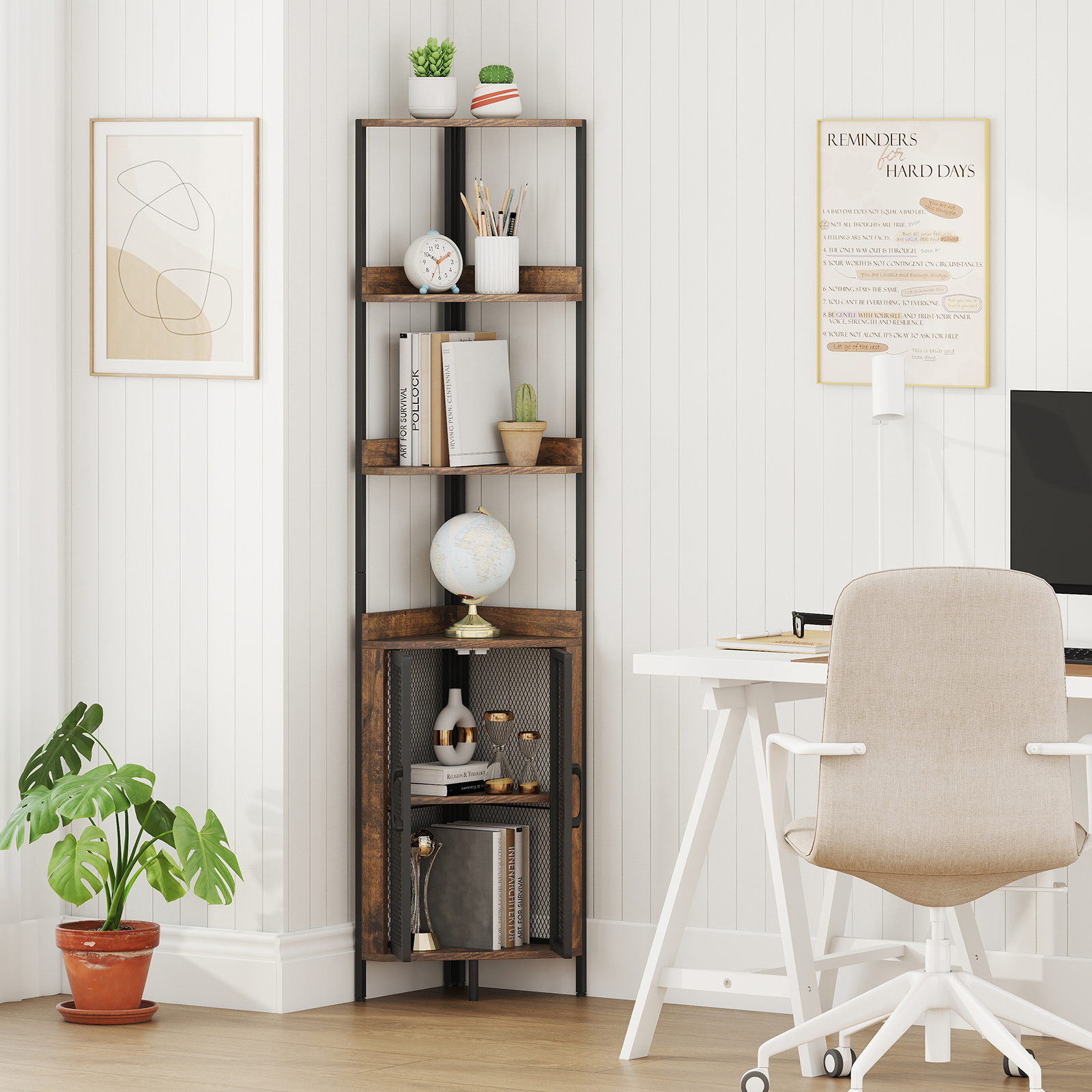 Image of 6-tier Corner Shelf, 67" Tall Corner Bookshelf W/ Cabinet, Industrial Bookcase Display Shelf W/ Doors, Freestanding Storage Rack Plant Stand For Living Room, Bedroom, Kitchen, Rustic