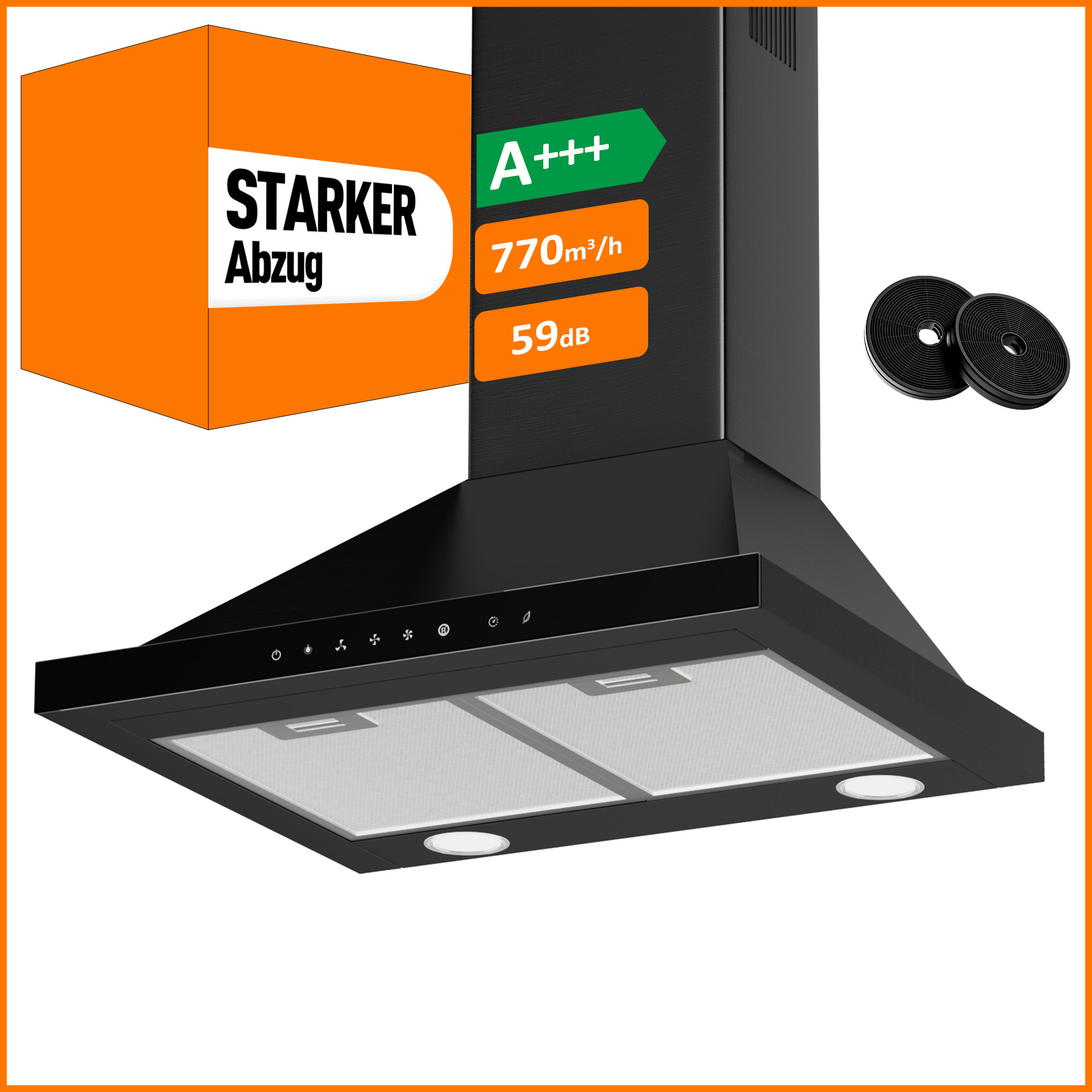 Image of A+++ Range Hood 60cm Circulation & Extraction With 770 M³/h Airflow, 2 Activated Carbon Filters, 2 Grease Filters, 3 Levels & Booster, 2 Leds, Wall-mounted, Silver