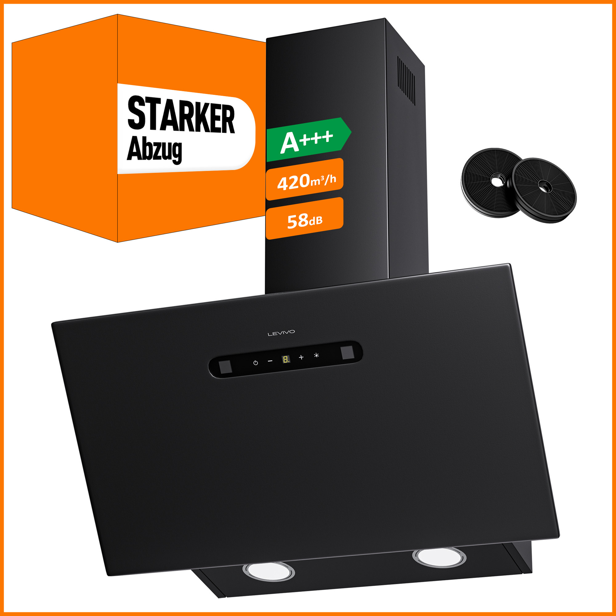 A+++ Range Hood 60cm Circulation & Extraction With 420 M³/h Airflow, 3 & Booster, 2 Leds, Includes 2 Activated Carbon Filters, 1 Grease Filter, Wall-mounted Range Hood