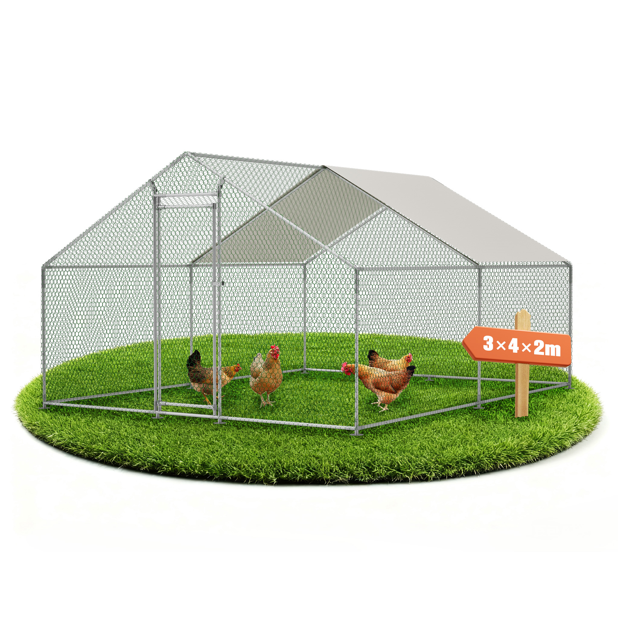 3x4m Chicken Coop Chicken Cage Outdoor Enclosure For Free-range Farming, Outdoor Enclosure With Safety Lock, Coated Net And Pe Roof, Enclosure For Chickens, Ducks, Rabbits And Other Small Animals
