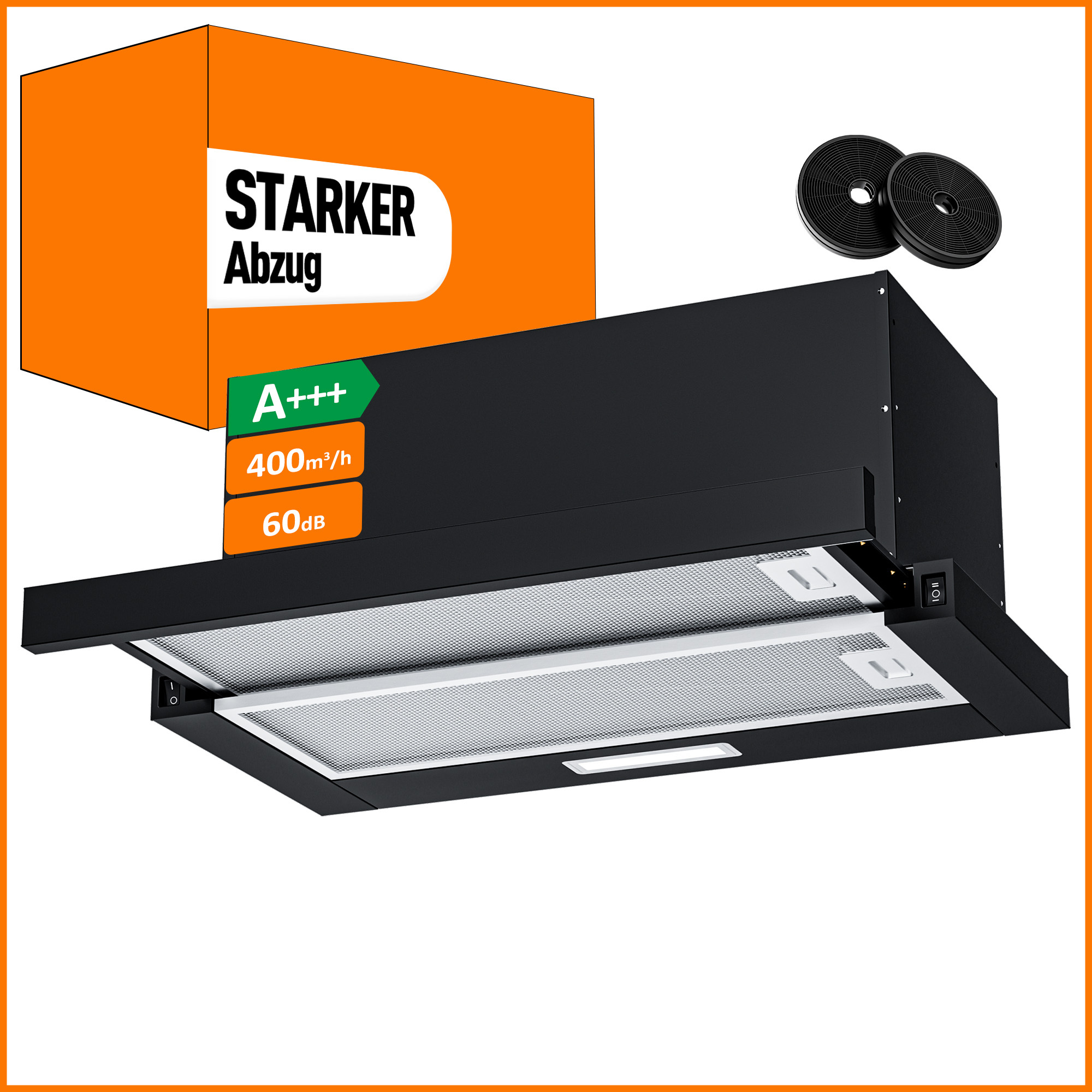 Image of A+++ Flat Screen Hood 60-90 Cm Recirculation & Exhaust With 400 M³/h, Built-in Extractor Hood With 2 Active Charcoal Filters, 4 Fat Filters, 2 , 2 Leds, 60cm Base Unit, Black