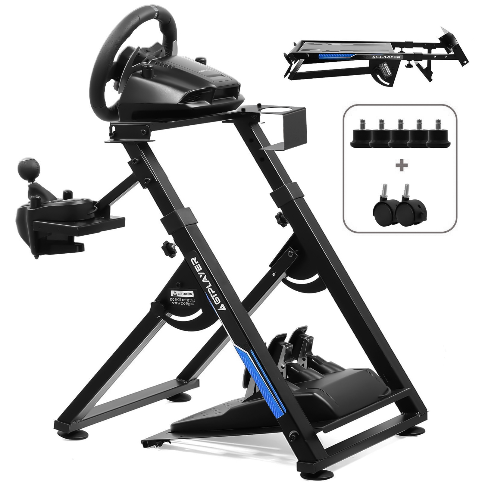Steering Wheel Stands For Stand Racing With And Pedal Holder, Integrated Drink Holder, Adjustable Tilt Angle Frame.