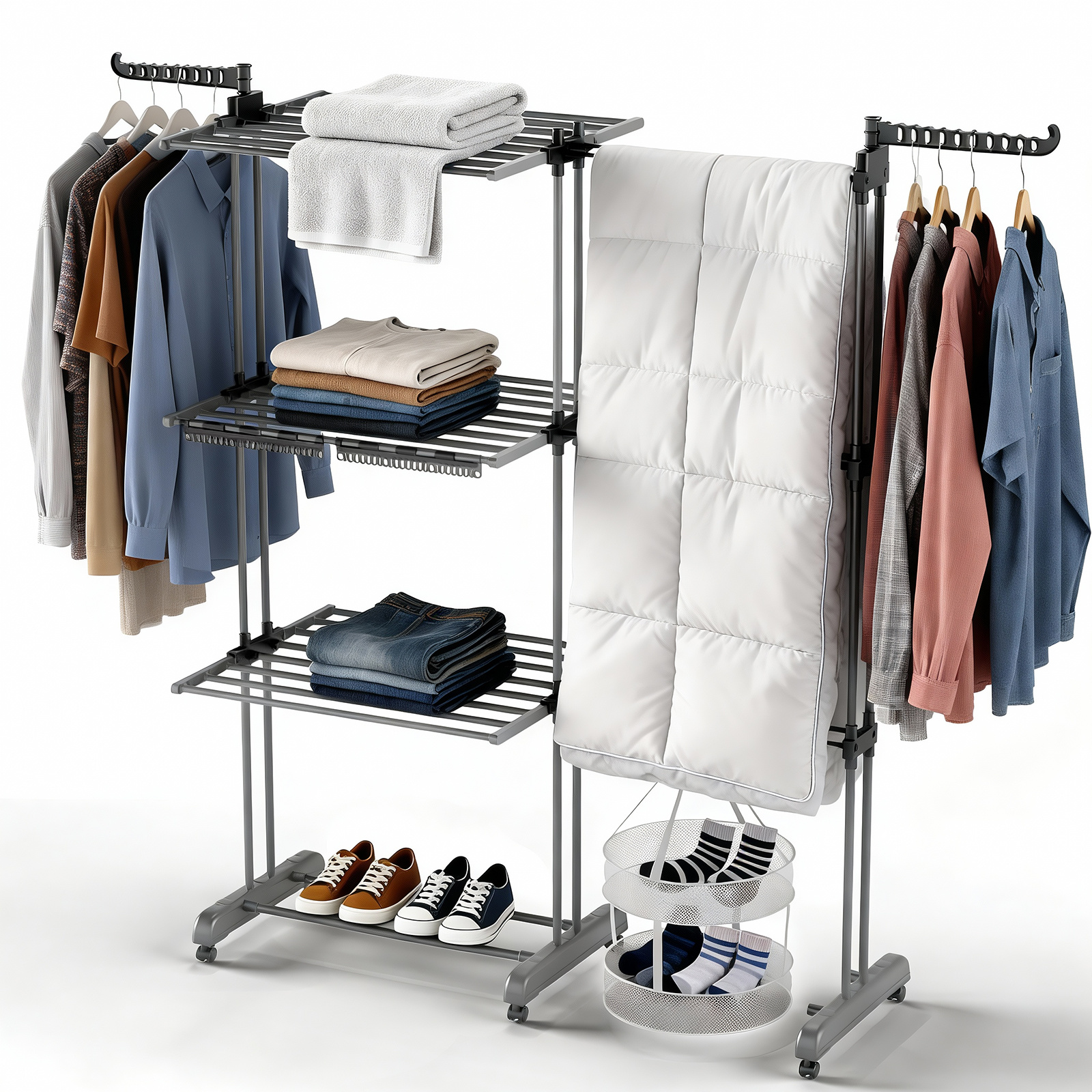 Lingsen Foldable 3-tier Space- Clothes Drying Rack, 130 Cm × 50 Cm × 170 Cm, Foldable Tower Drying Rack With Wheels, 2 Side Wings, Easy Assembly, Indoor And Outdoor Clothes Drying Tower