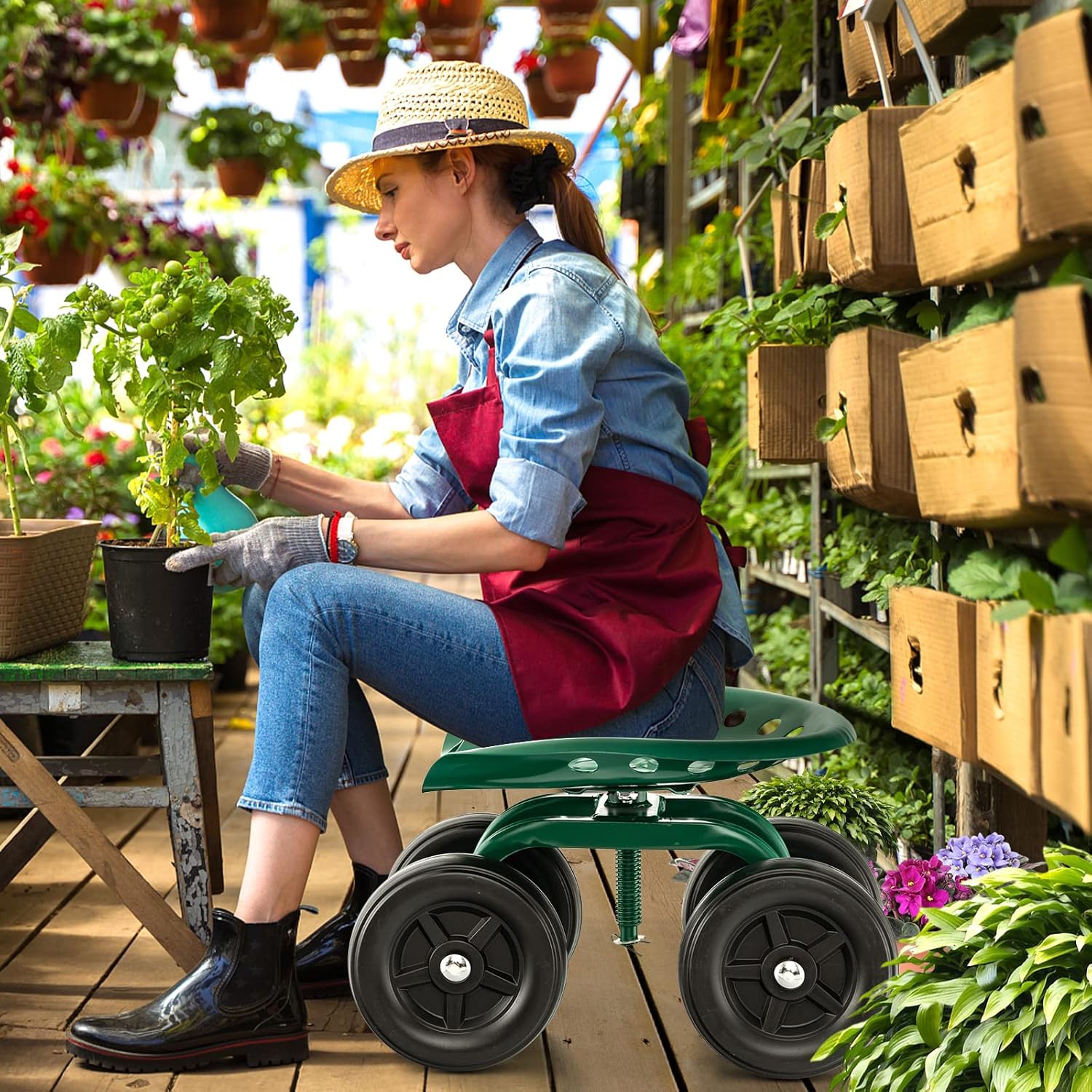 Roller Seat, Garden Seat With Wheels, Kneeler Movable, Work Seat Garden, Height Adjustable 40-50 Cm, Up To 150 Kg, Garden Trolley For Garden And Workshop