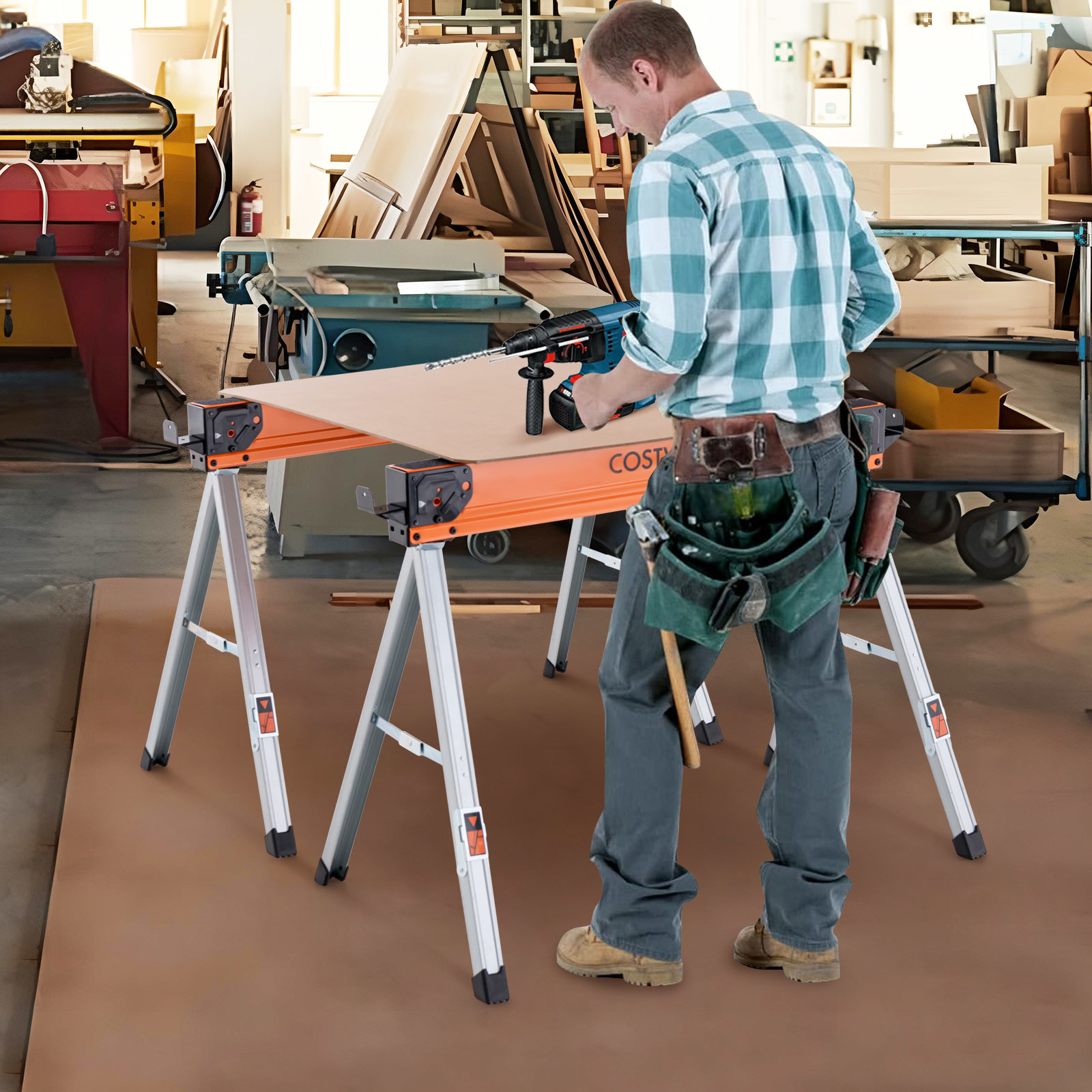 Image of Folding Saw Stand Set Of 2, Portable Heavy Duty Metal Sawhorses With , Flip-up Hooks, Saw Work Bench Table