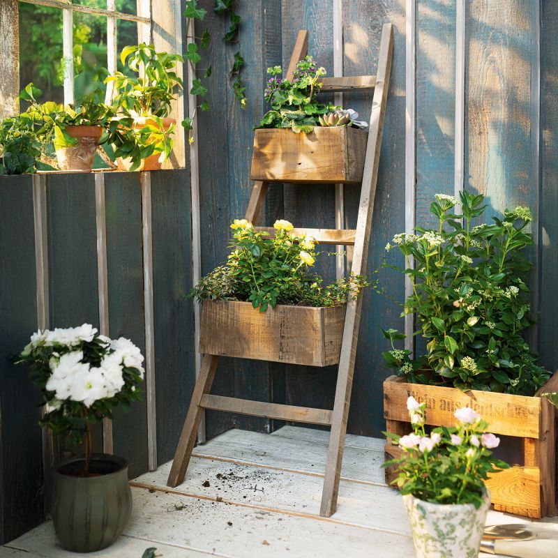 E-shop Pflanzleiter "Rustikal" aus recyceltem Holz, 110 cm hoch, mit 2 Pflanzkästen, Balkon & Gartendeko für Draußen, Blumenkasten, Hochbeet