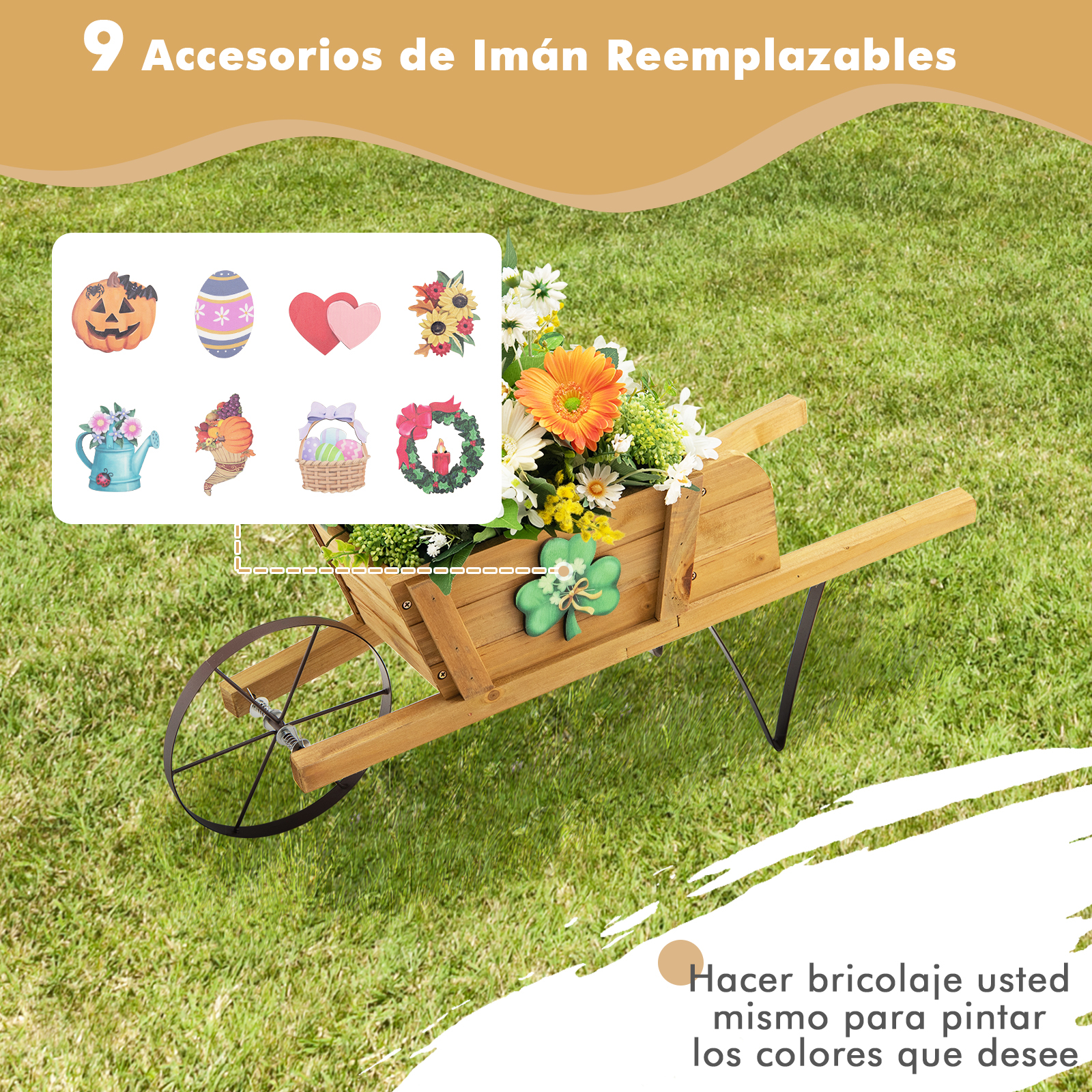 Planter, Small Wheelbarrow Wagon Flower, Indoor And Outdoor Raised Bed With 9 Magnetic Accessories, Wheel