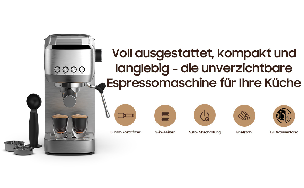 Espresso Machine with 20-Bar Italian Pump – Professional Stainless Steel Design, Classic