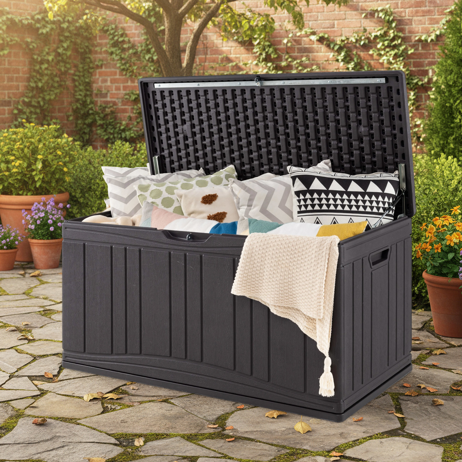 Garden Storage Box With Lockable Lid, Double Lever, For Garden Tools, Cushions, 114 X 55 X 60.5 Cm