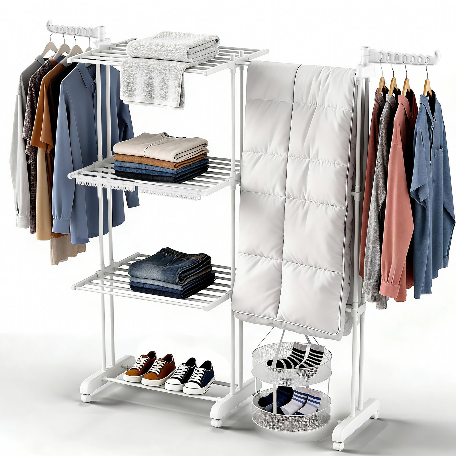 Lingsen Foldable 3-tier Space- Clothes Drying Rack, 130 Cm × 50 Cm × 170 Cm, Foldable Tower Drying Rack With Wheels, 2 Side Wings, Easy Assembly, Indoor And Outdoor Clothes Drying Tower