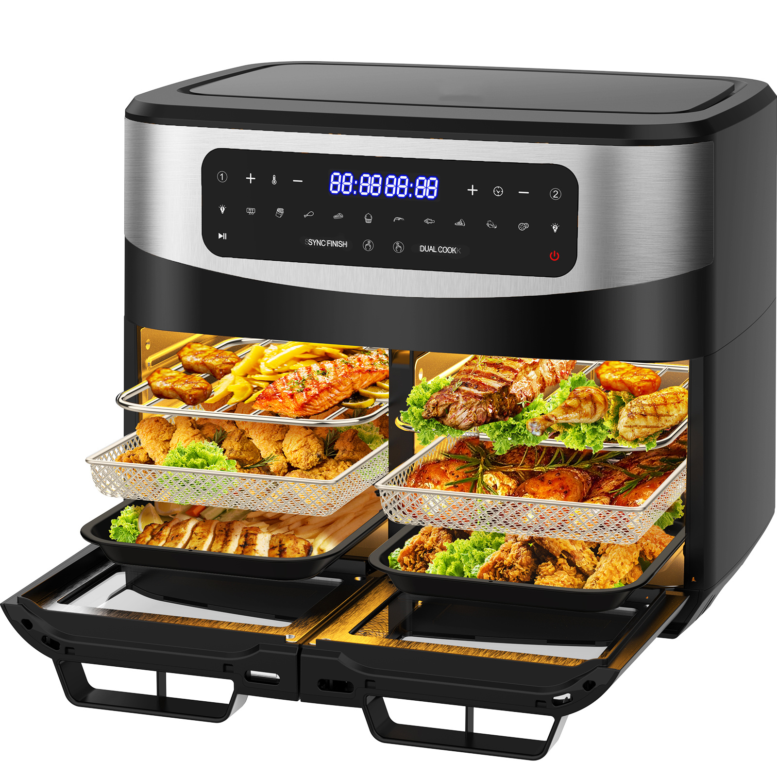 E-shop XXL Heißluftfriteuse 12L – 2600W Airfryer mit Sichtfenster & LED-Touch | Doppelkammer mit herausnehmbarer Trennwand & Körben, 10 Programmen,