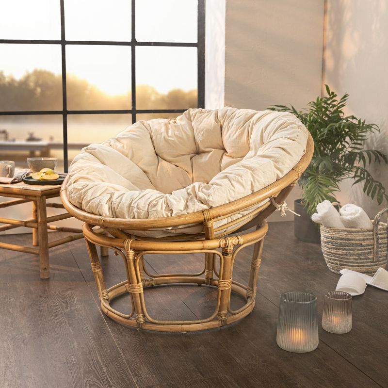 Image of Rattan Papasan Recliner Chair With Cushion, Basket Chair, Lounge Chair