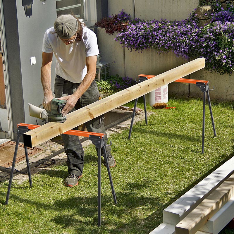 Set Of 2 Folding Sawing Easels, 2 Saw Tretles With Non-slip Pads, Triangular Structure, Load Capacity 500 Kg