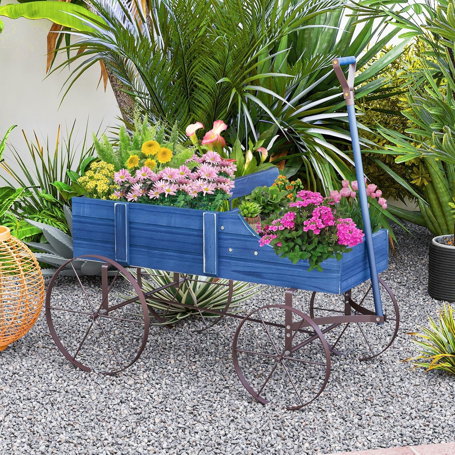 Image of Wheelbarrow, Decorative Wooden Wheelbarrow Planter With 4 Metal Wheels, 2 Separate Planting Trays With Drainage Holes, To 15 Kg, 35 X 62.5 X 60 Cm (blue)