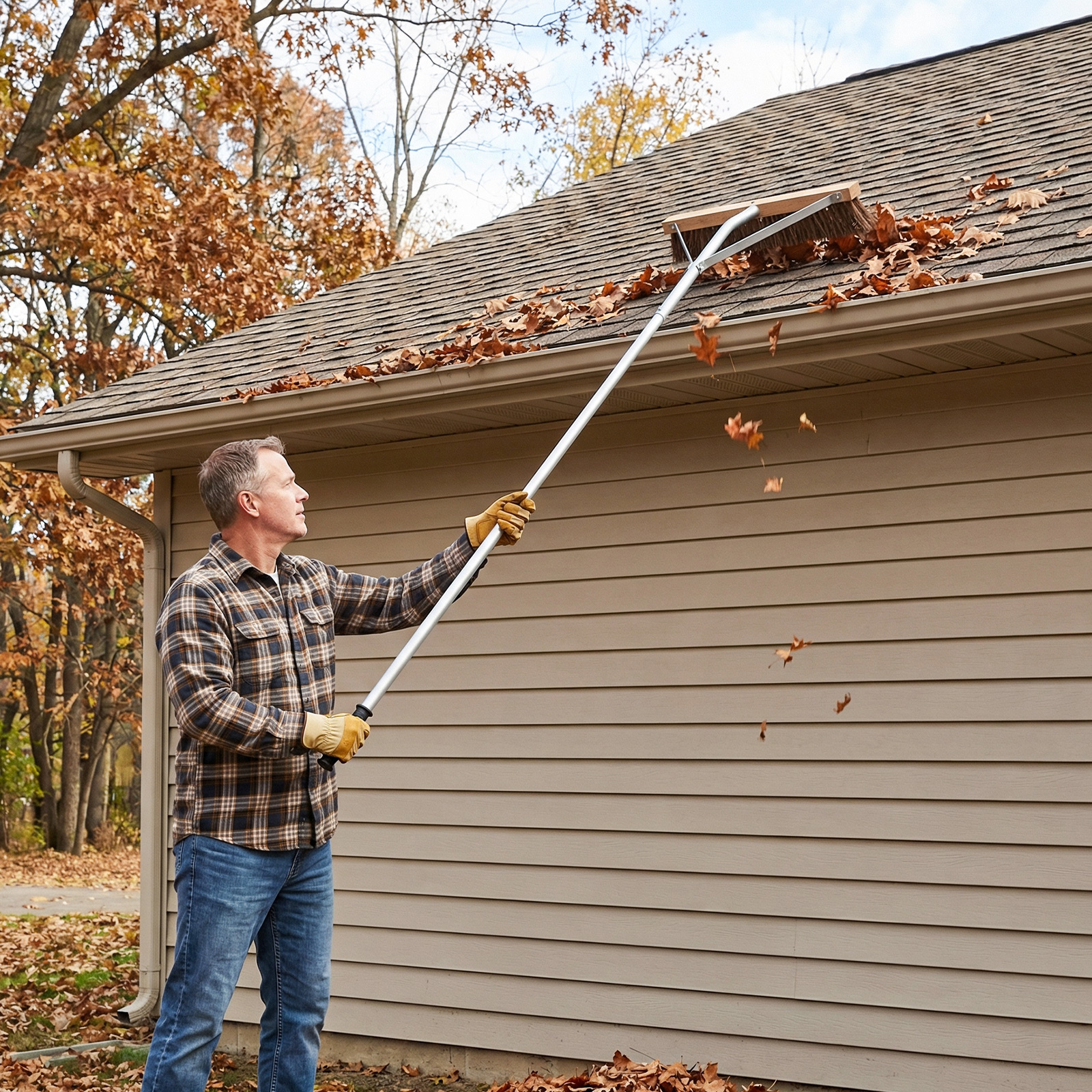 Leaf Roof Brush, Adjustable Roof Cleaning Tool With Brush Head, Extension Aluminum Poles, Remove Leaves