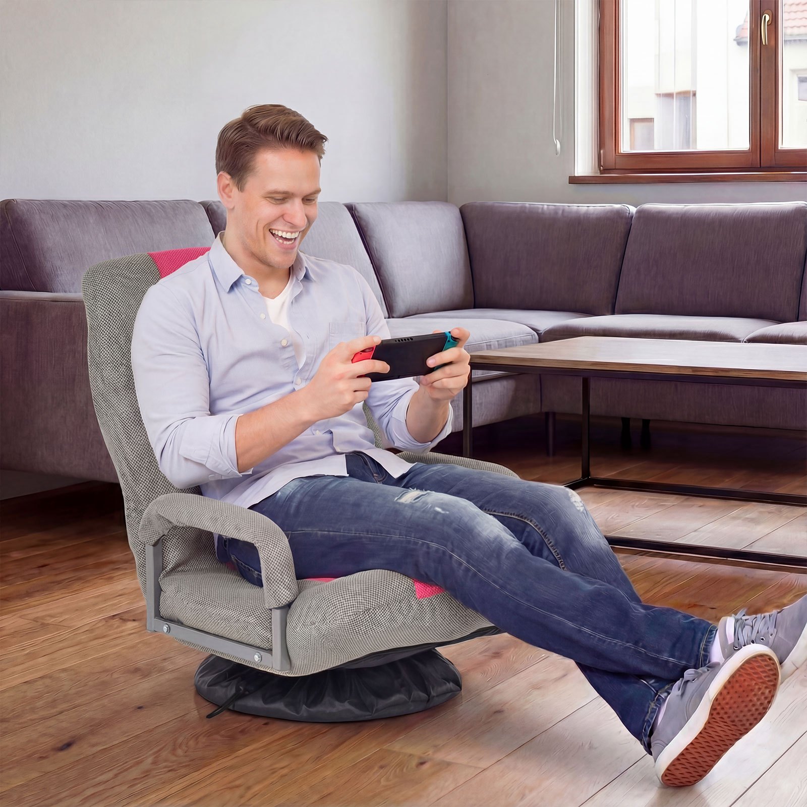 Folding Floor Gaming Chair, Adjustable 5 Position Floor Chair With 360 Swivel Base, High Backrest, Comfortable Armrest