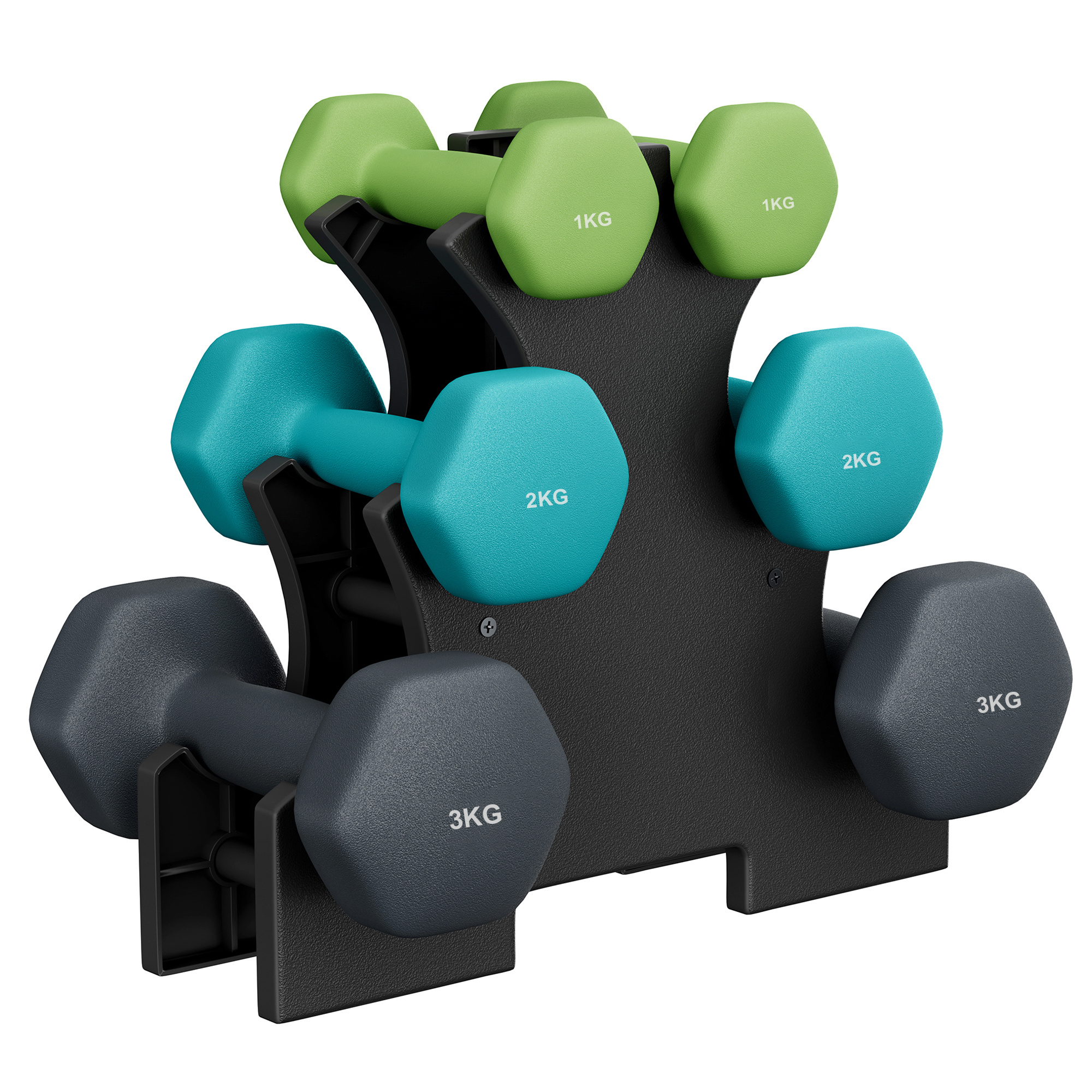 TEMU Set manubrio, 3 , 2 x 1 kg, 2 x 2 kg, 2 x 3 kg, supporto portaoggetti, palestra, sollevamento , rivestimento in neoprene antiscivolo
