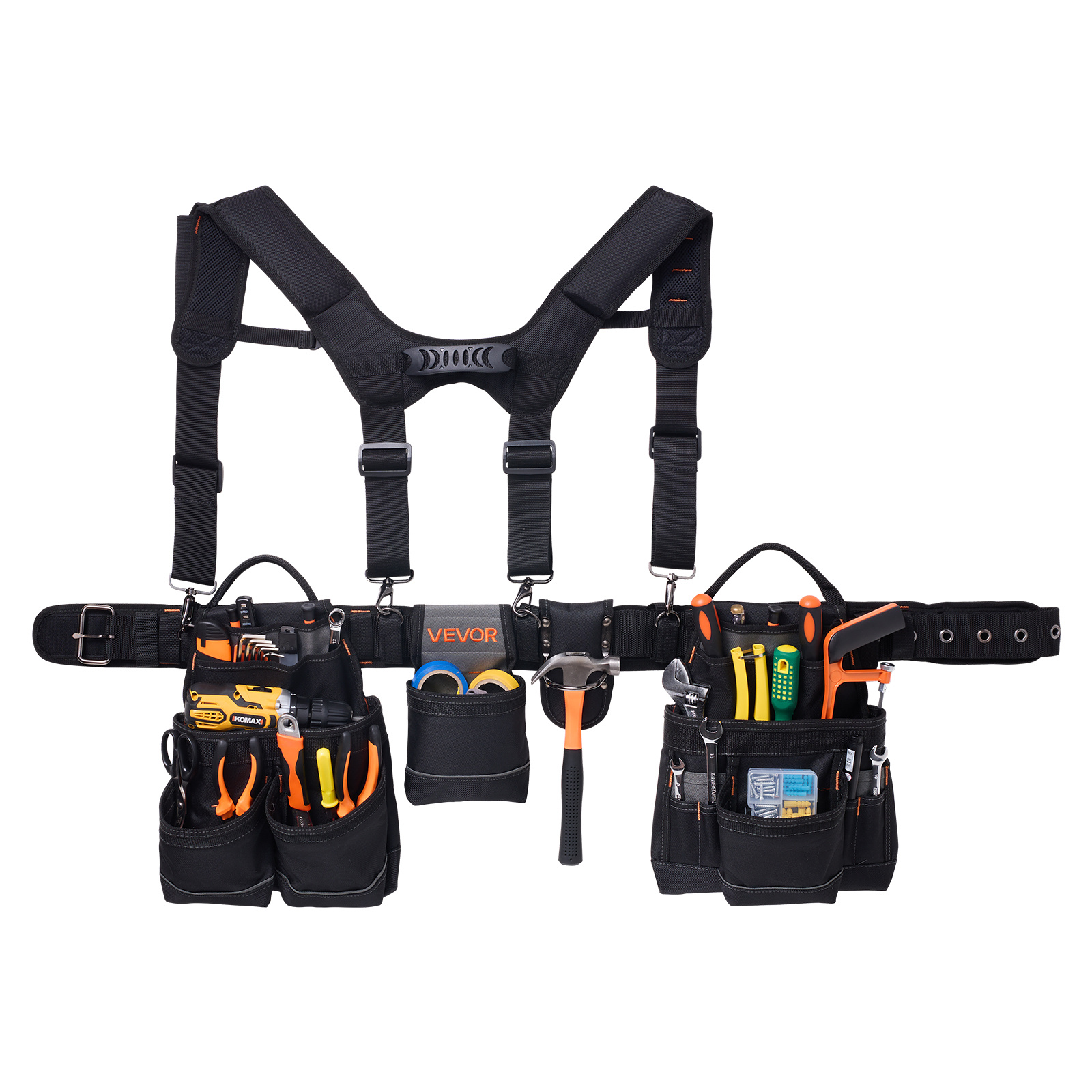 Image of Vevor Tool Belt, 19 Pockets Tool Pouch With Suspenders For Men, Heavy Duty Adjustable Utility Belt Work Bag Detachable Suspension Rig For Electrician, Carpenter, Construction, Adjust Waist 80-131 Cm