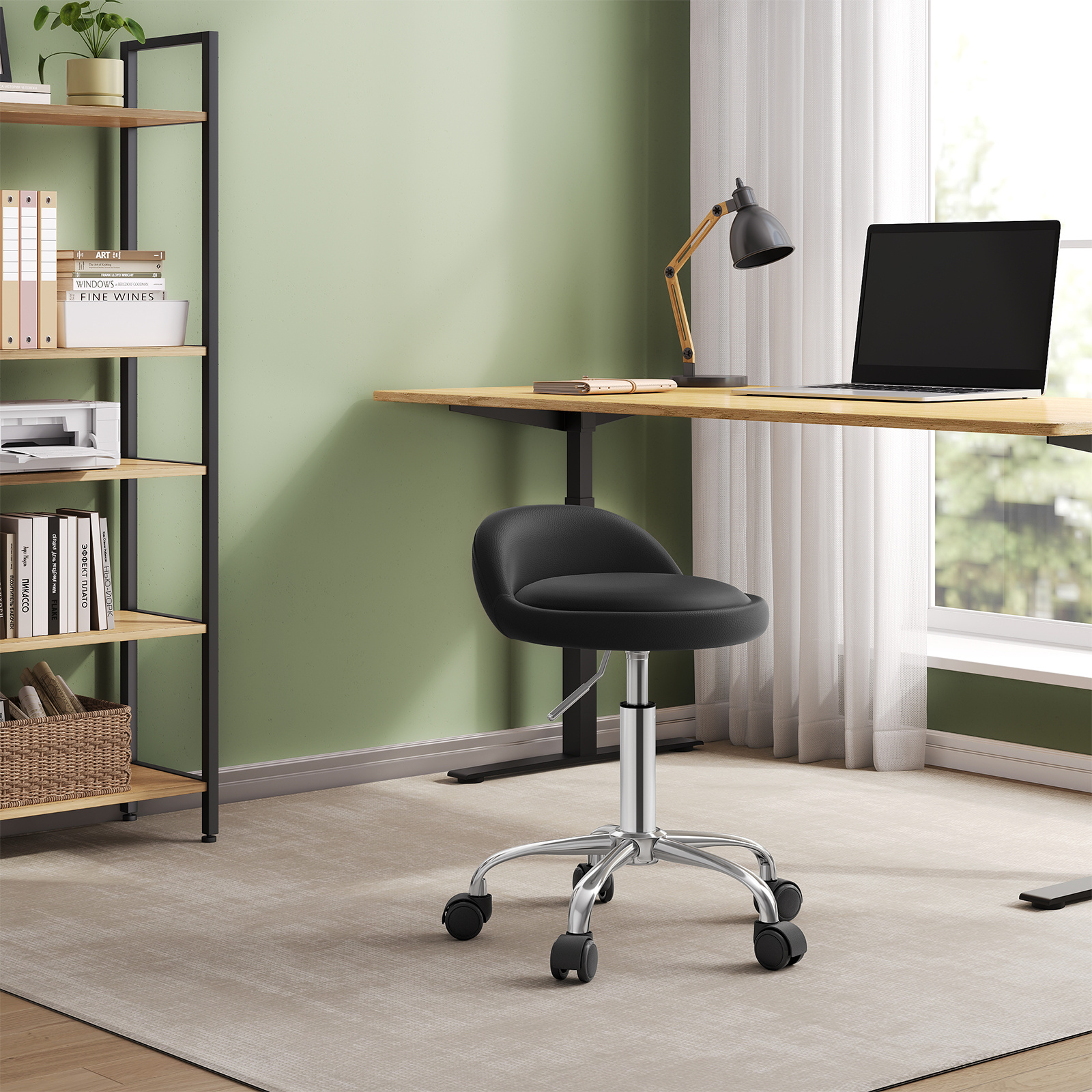 1pc Office Stool With Wheels, Swivel Stool Height Adjustable, Low Backrest Rolling Rocker, Work Stool, Seat Height