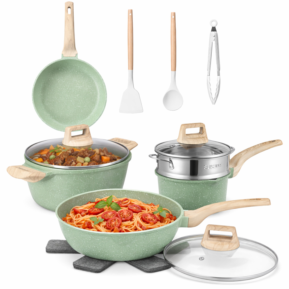 15pcs Cookware Set, Induction And Gas Compatible, Aluminum With Granite Effect, Includes Lid And Accessories, Suitable For All Cooktops